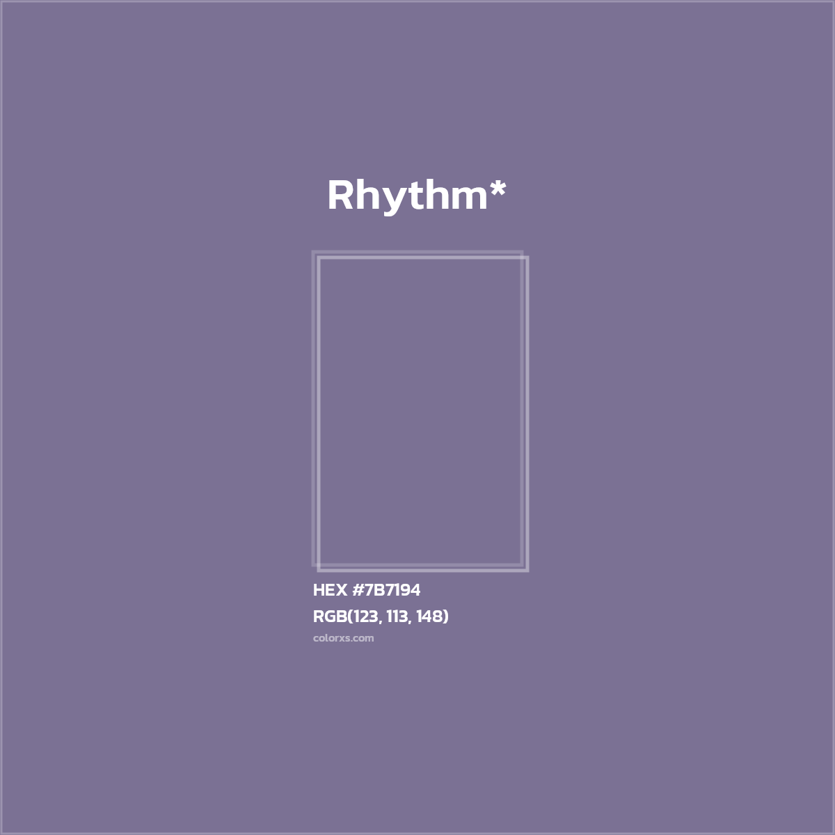 #7B7194 hex color. RGB, RYB, CMYK, HSL, HSV codes and color conversions. Matching color names, palettes, paints.