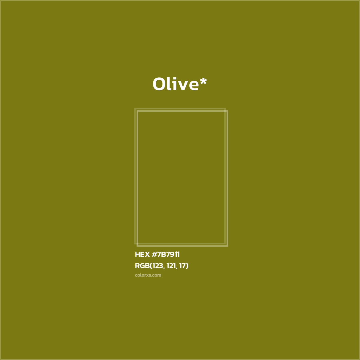 #7B7911 hex color. RGB, RYB, CMYK, HSL, HSV codes and color conversions. Matching color names, palettes, paints.