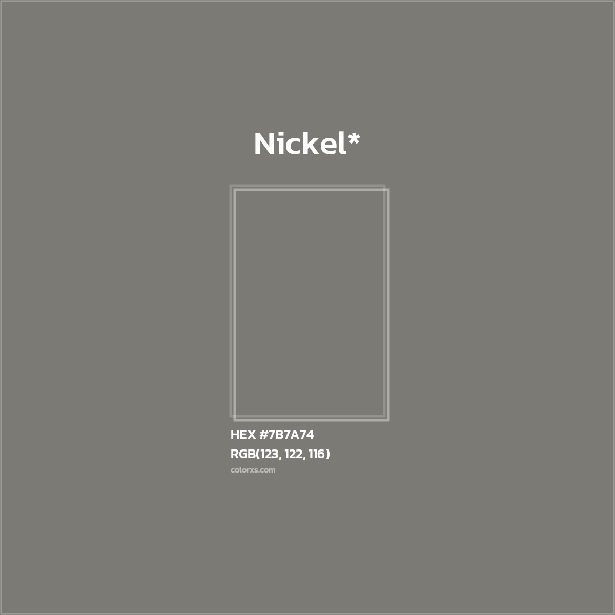 #7B7A74 hex color. RGB, RYB, CMYK, HSL, HSV codes and color conversions. Matching color names, palettes, paints.