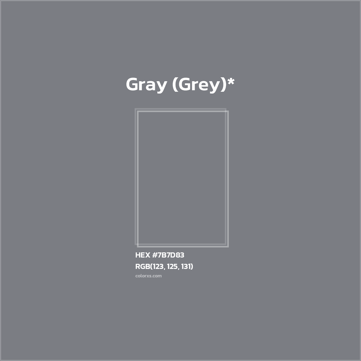 #7B7D83 hex color. RGB, RYB, CMYK, HSL, HSV codes and color conversions. Matching color names, palettes, paints.