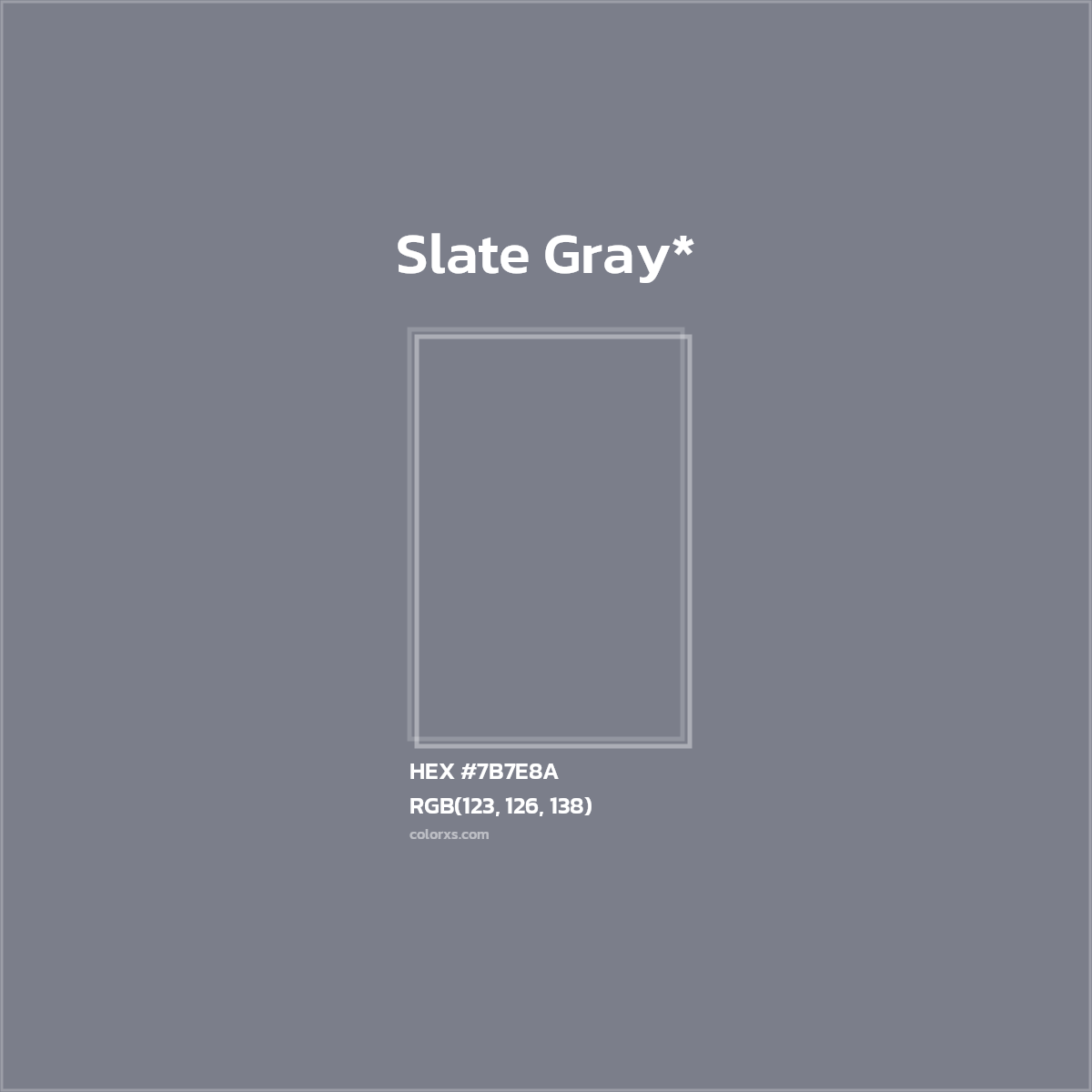 #7B7E8A hex color. RGB, RYB, CMYK, HSL, HSV codes and color conversions. Matching color names, palettes, paints.