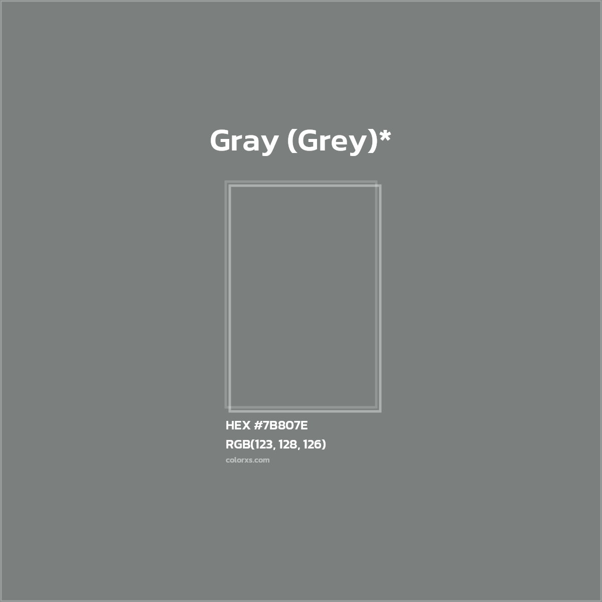 #7B807E hex color. RGB, RYB, CMYK, HSL, HSV codes and color conversions. Matching color names, palettes, paints.