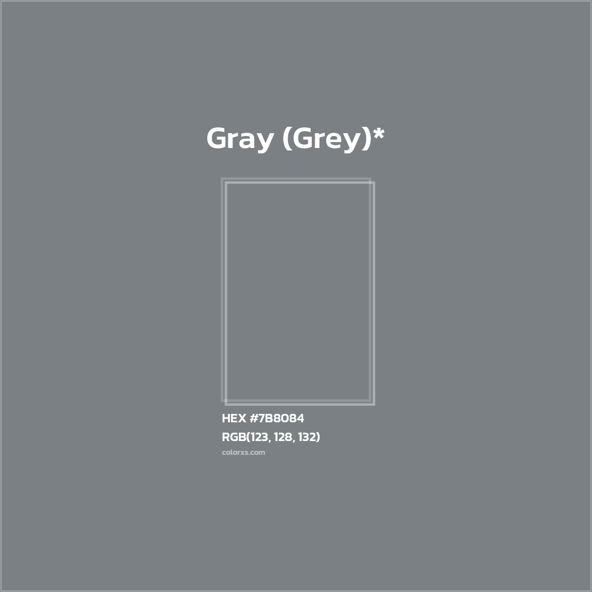 #7B8084 hex color. RGB, RYB, CMYK, HSL, HSV codes and color conversions. Matching color names, palettes, paints.