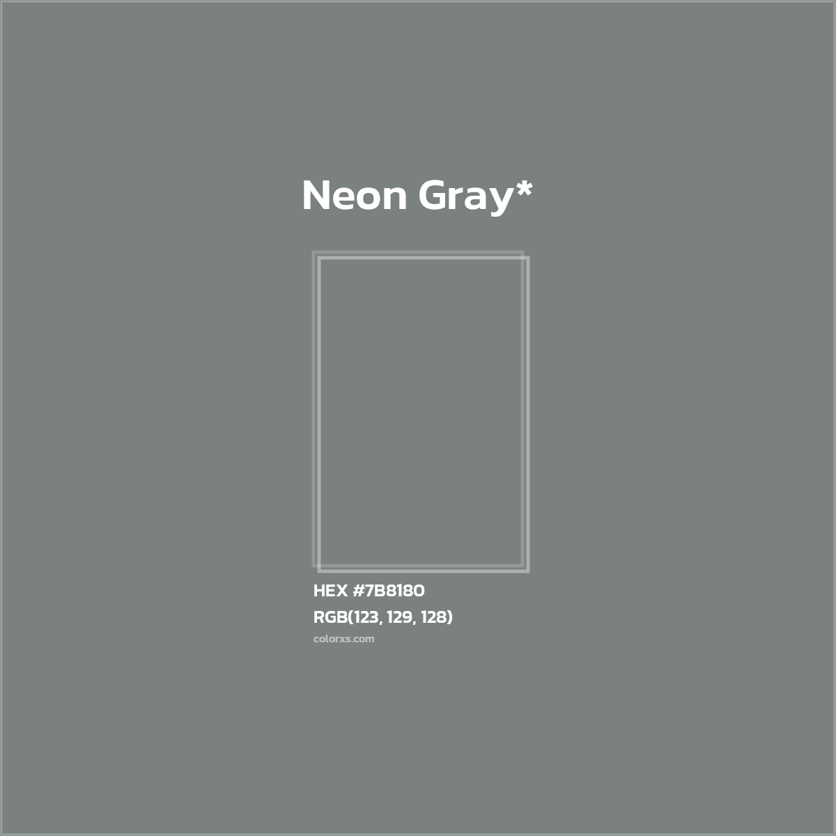 #7B8180 hex color. RGB, RYB, CMYK, HSL, HSV codes and color conversions. Matching color names, palettes, paints.