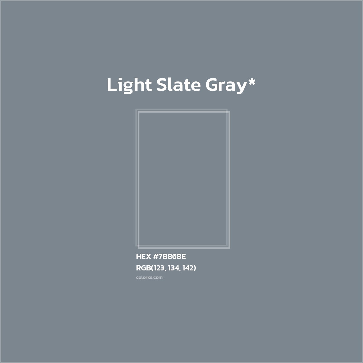 #7B868E hex color. RGB, RYB, CMYK, HSL, HSV codes and color conversions. Matching color names, palettes, paints.