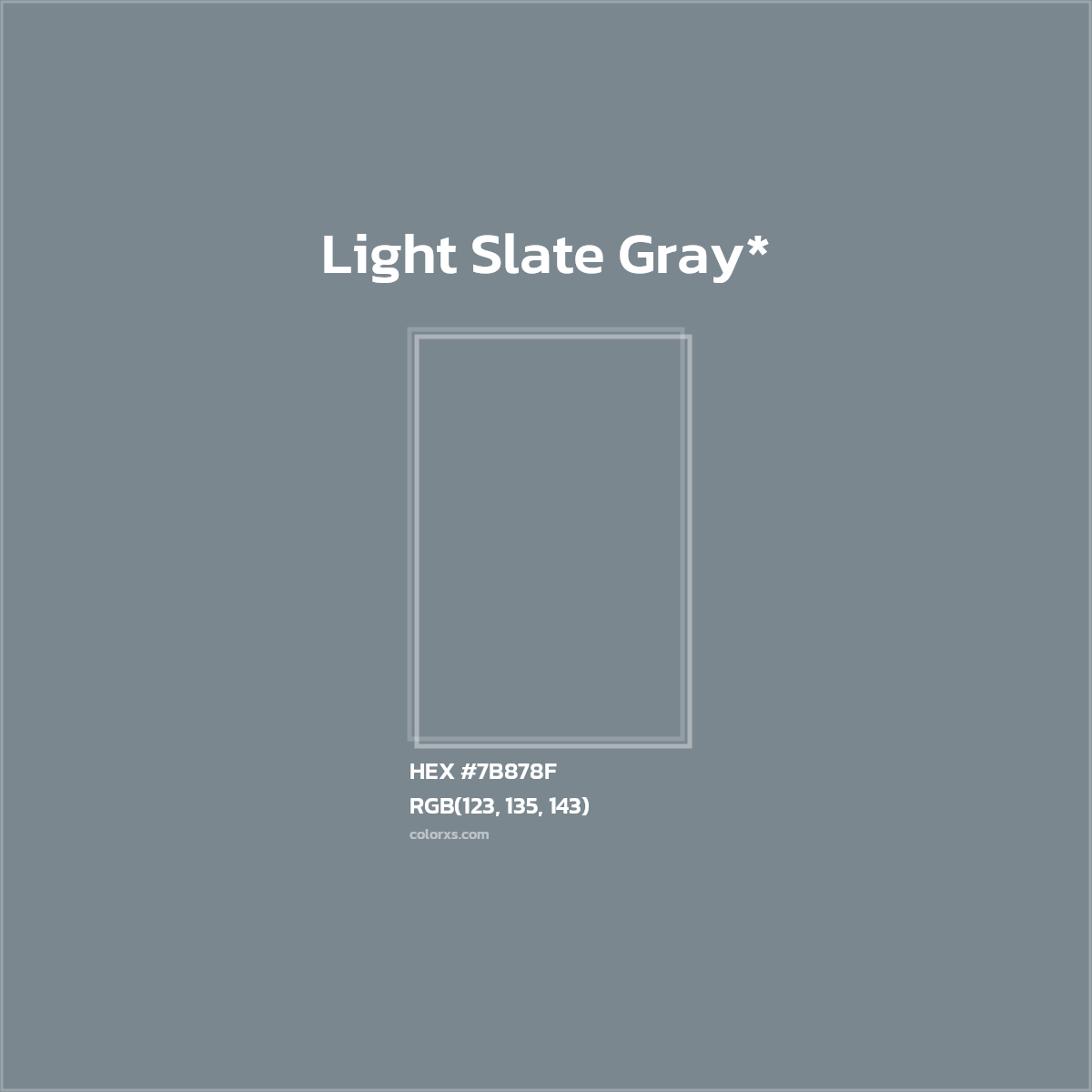 #7B878F hex color. RGB, RYB, CMYK, HSL, HSV codes and color conversions. Matching color names, palettes, paints.