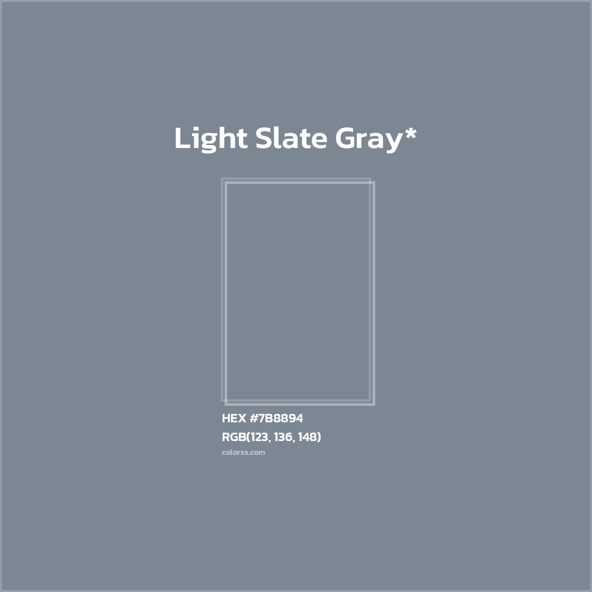 #7B8894 hex color. RGB, RYB, CMYK, HSL, HSV codes and color conversions. Matching color names, palettes, paints.
