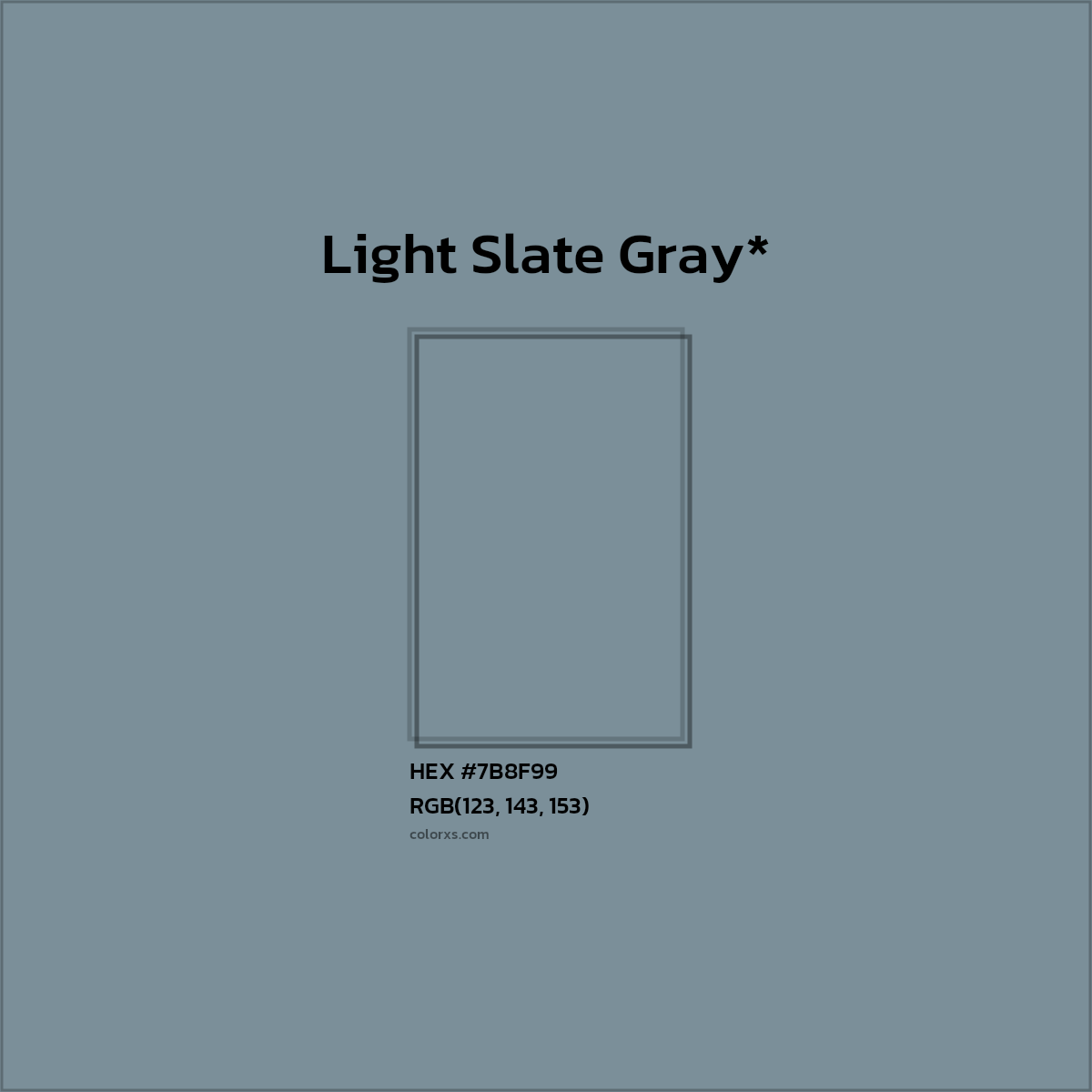 #7B8F99 hex color. RGB, RYB, CMYK, HSL, HSV codes and color conversions. Matching color names, palettes, paints.