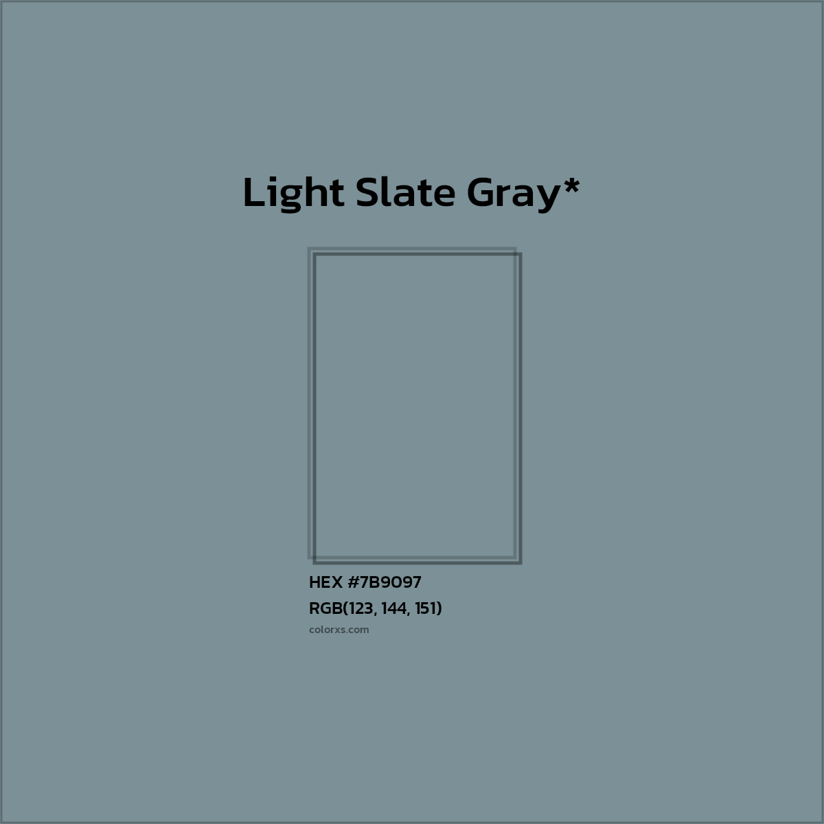 #7B9097 hex color. RGB, RYB, CMYK, HSL, HSV codes and color conversions. Matching color names, palettes, paints.