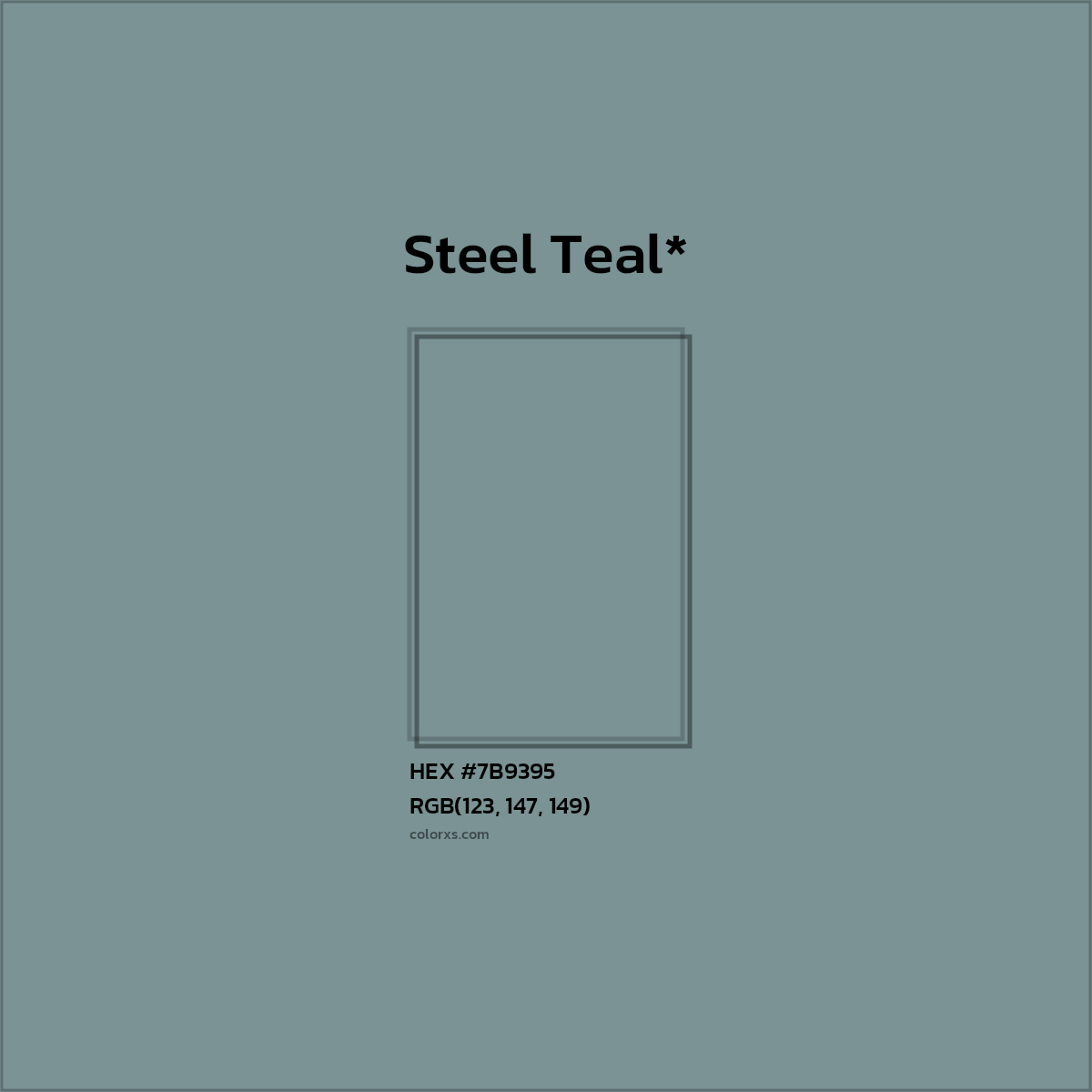 #7B9395 hex color. RGB, RYB, CMYK, HSL, HSV codes and color conversions. Matching color names, palettes, paints.