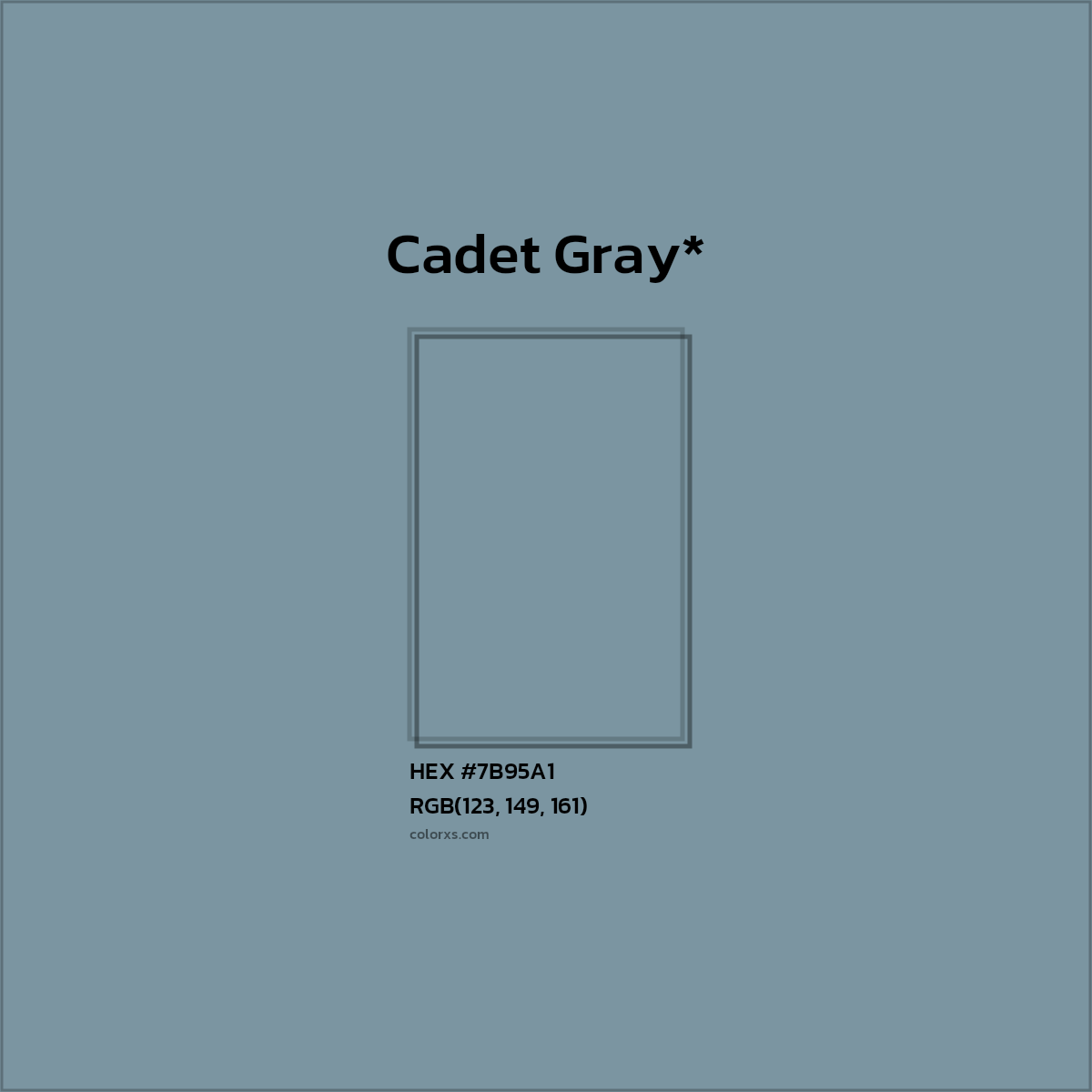 #7B95A1 hex color. RGB, RYB, CMYK, HSL, HSV codes and color conversions. Matching color names, palettes, paints.