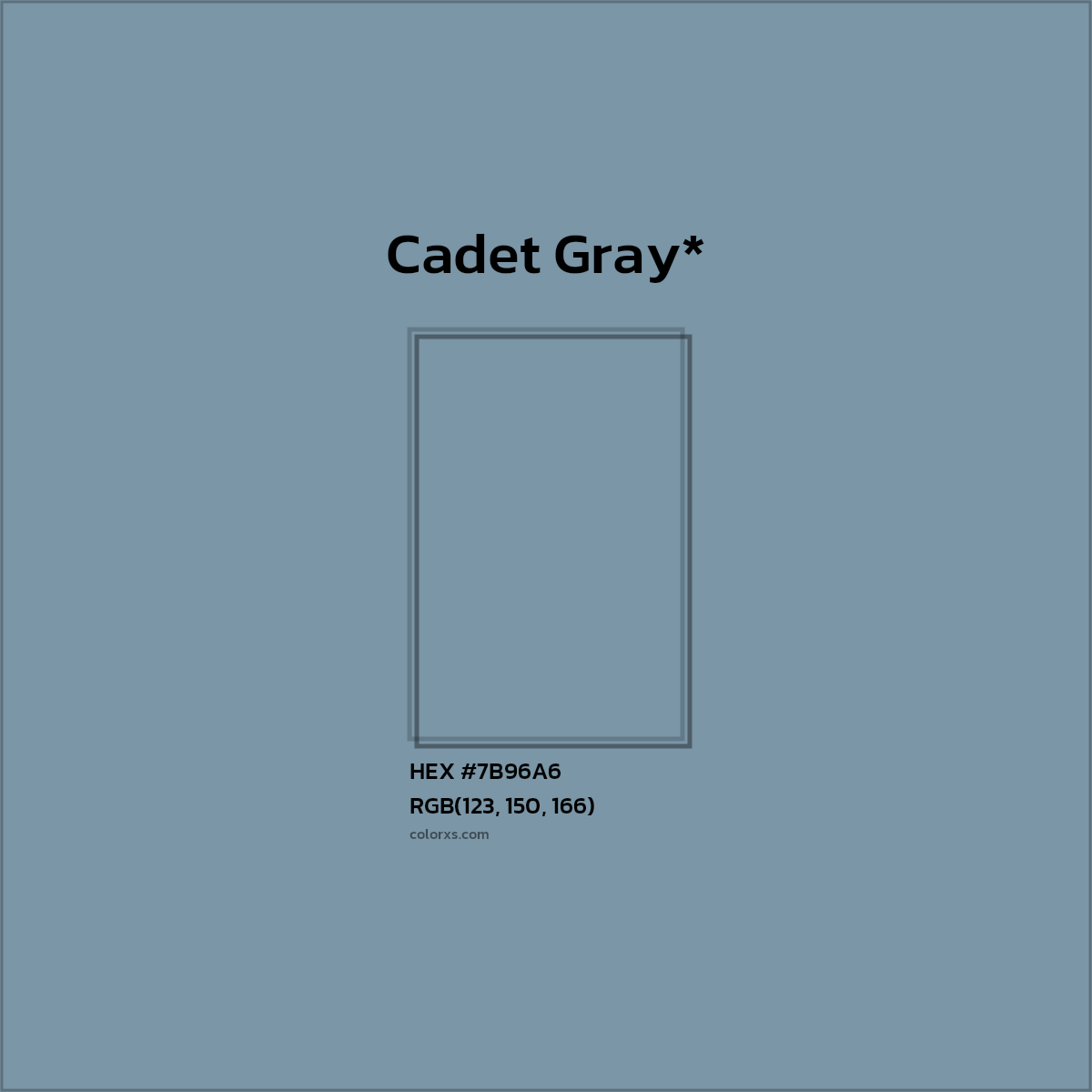 #7B96A6 hex color. RGB, RYB, CMYK, HSL, HSV codes and color conversions. Matching color names, palettes, paints.