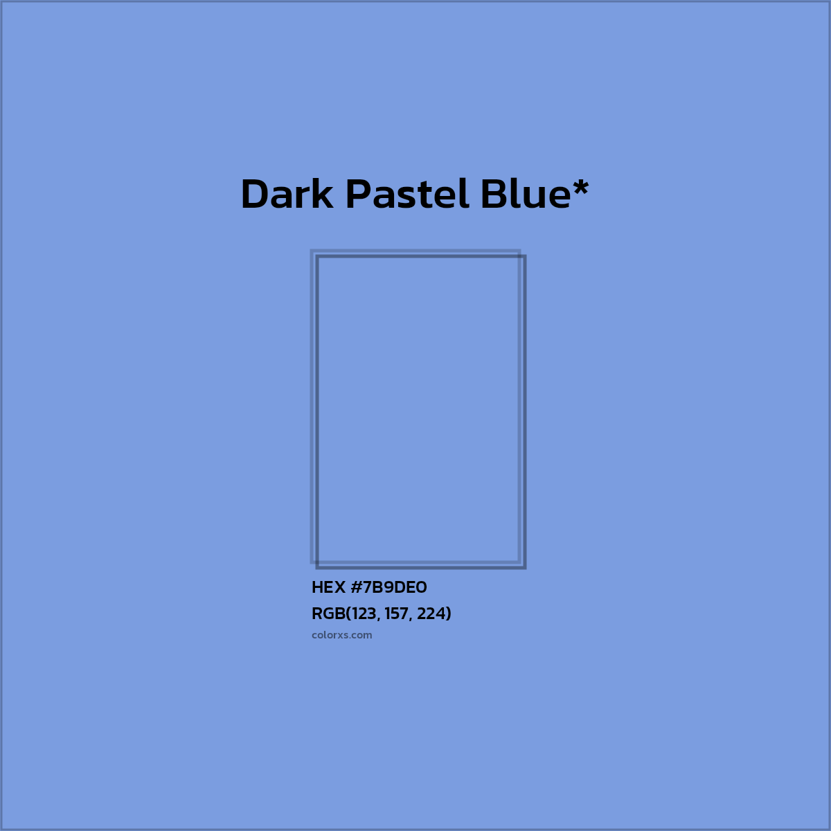 #7B9DE0 hex color. RGB, RYB, CMYK, HSL, HSV codes and color conversions. Matching color names, palettes, paints.