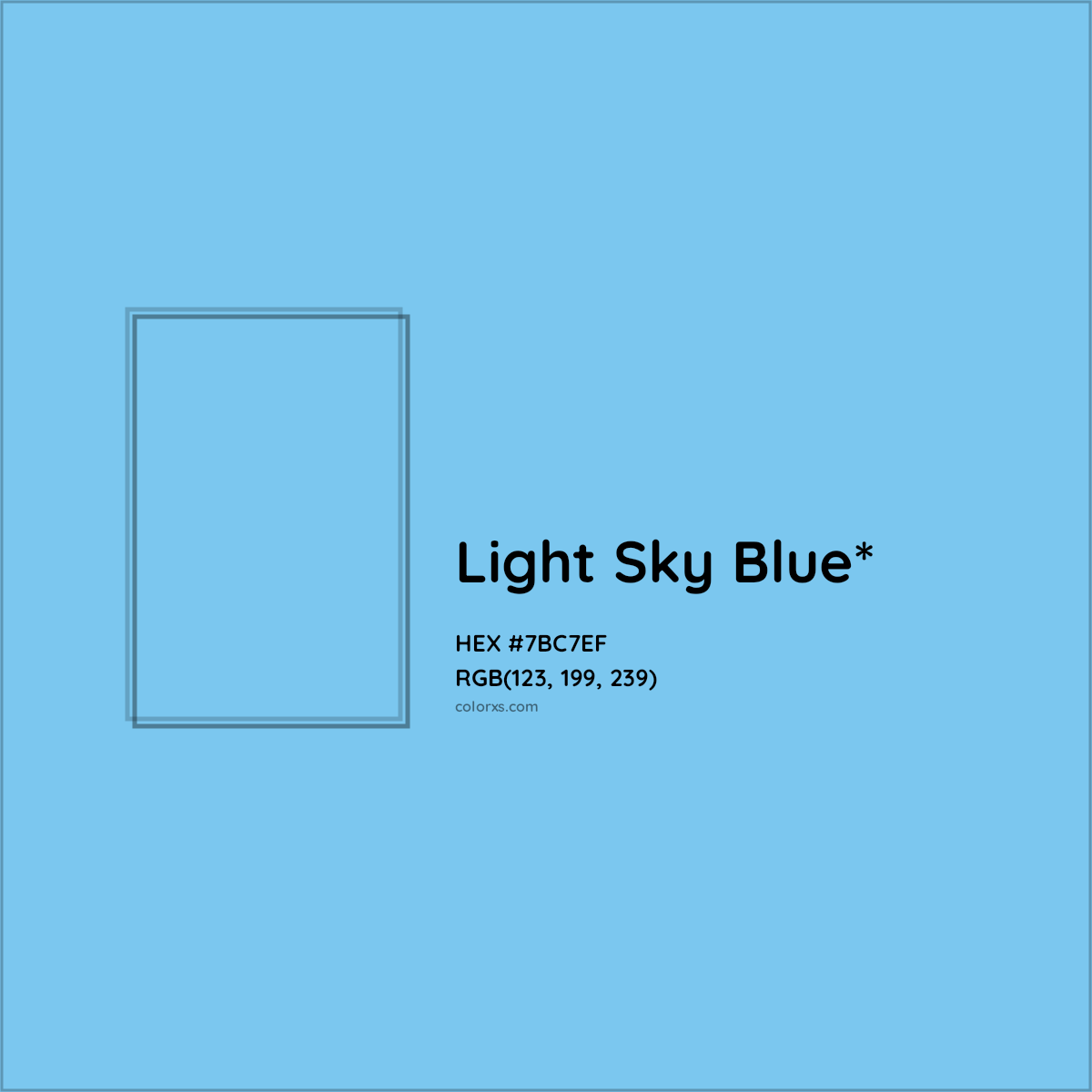 #7BC7EF hex color. RGB, RYB, CMYK, HSL, HSV codes and color conversions. Matching color names, palettes, paints.