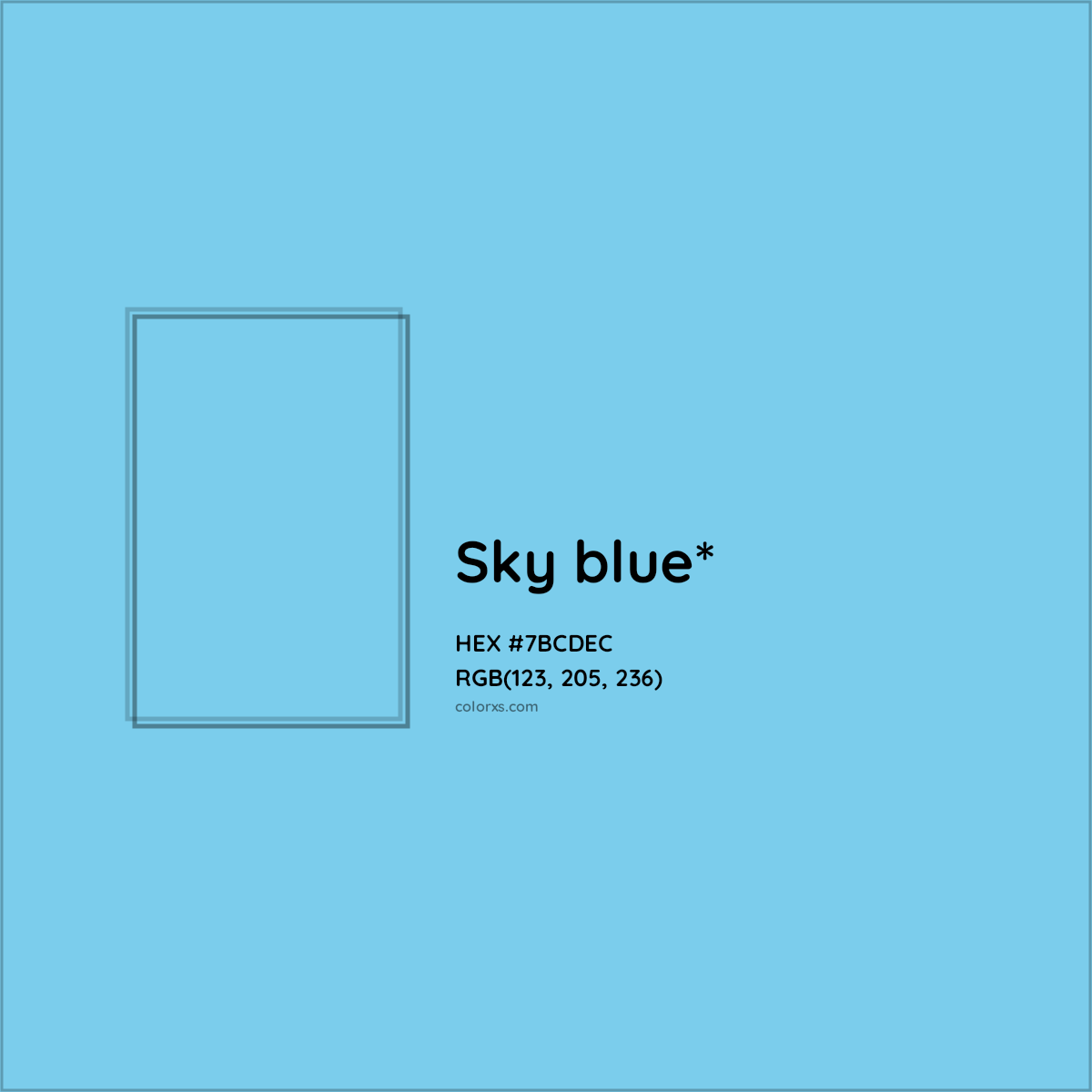 #7BCDEC hex color. RGB, RYB, CMYK, HSL, HSV codes and color conversions. Matching color names, palettes, paints.