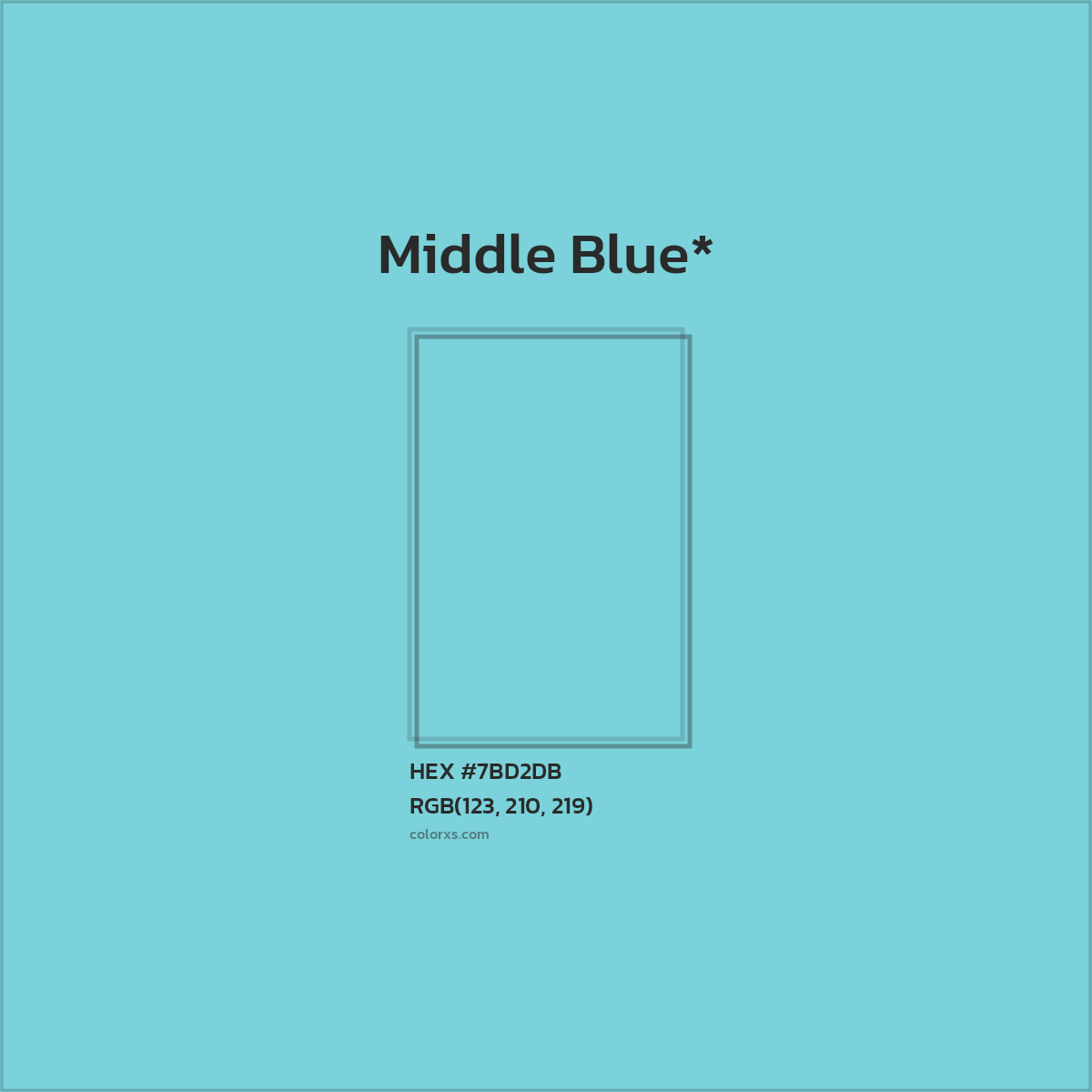 #7BD2DB hex color. RGB, RYB, CMYK, HSL, HSV codes and color conversions. Matching color names, palettes, paints.