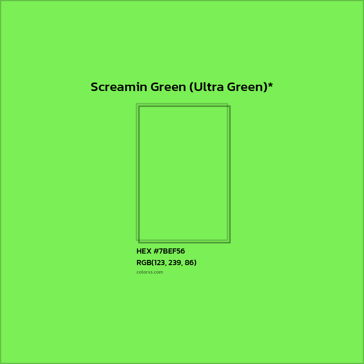#7BEF56 hex color. RGB, RYB, CMYK, HSL, HSV codes and color conversions. Matching color names, palettes, paints.