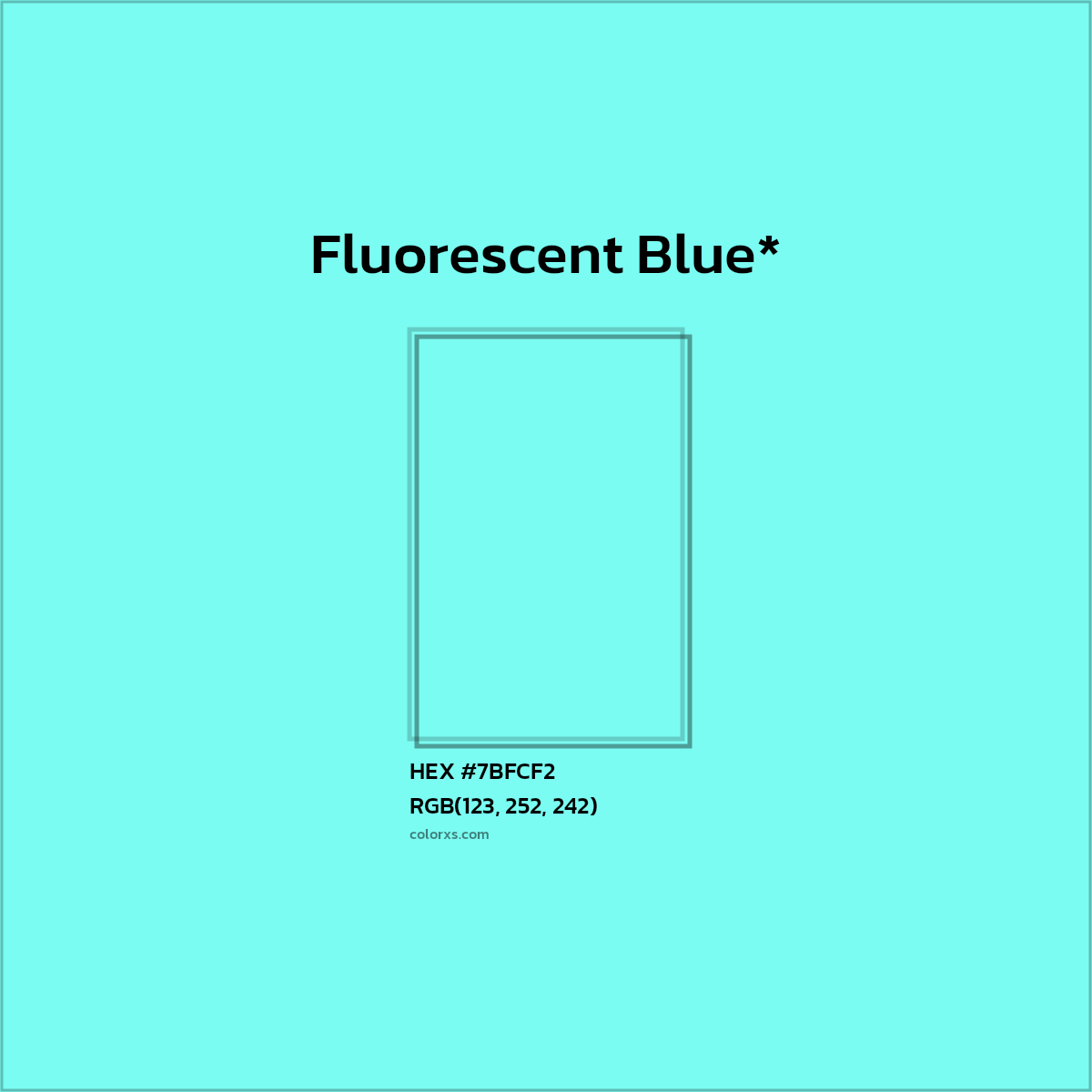 #7BFCF2 hex color. RGB, RYB, CMYK, HSL, HSV codes and color conversions. Matching color names, palettes, paints.