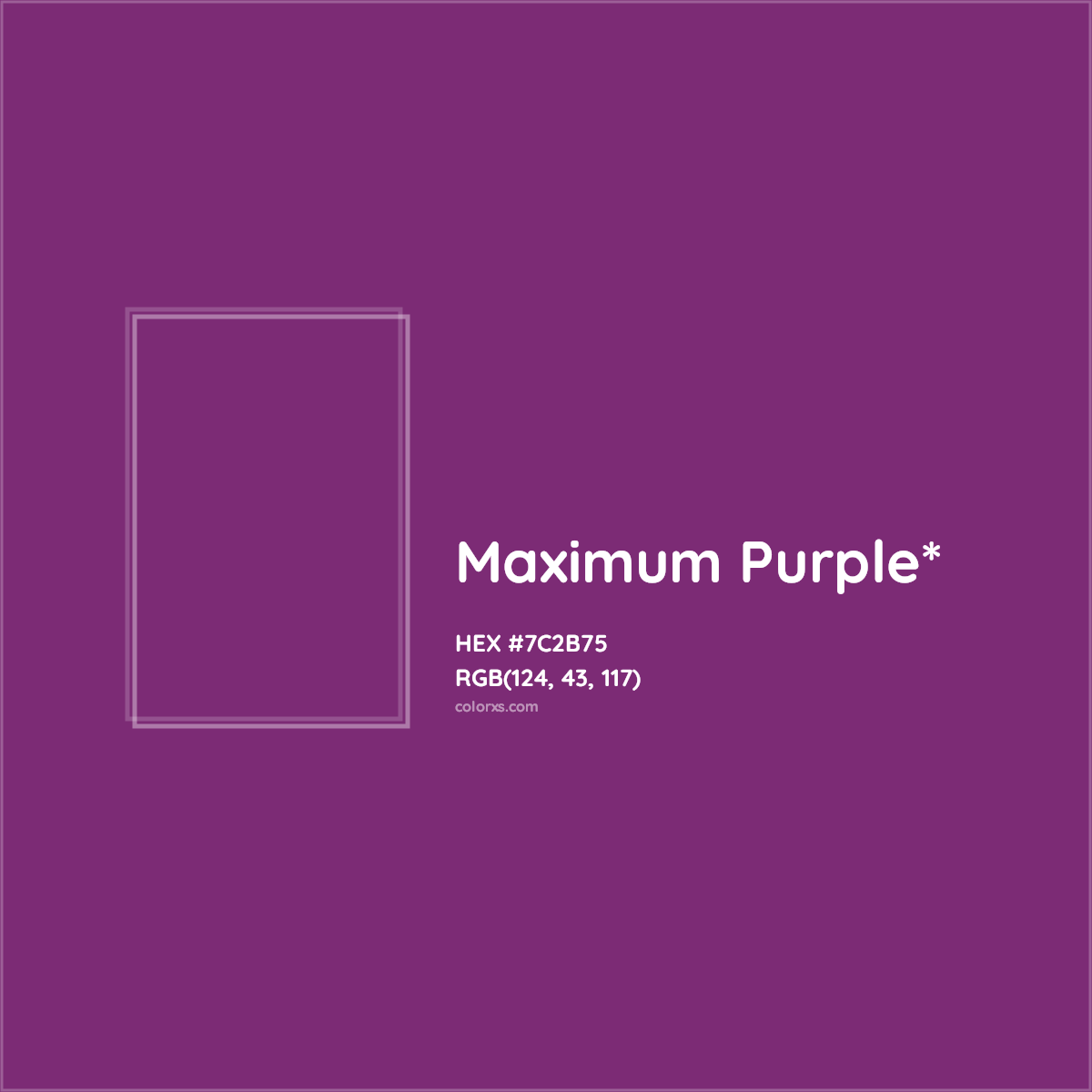#7C2B75 hex color. RGB, RYB, CMYK, HSL, HSV codes and color conversions. Matching color names, palettes, paints.