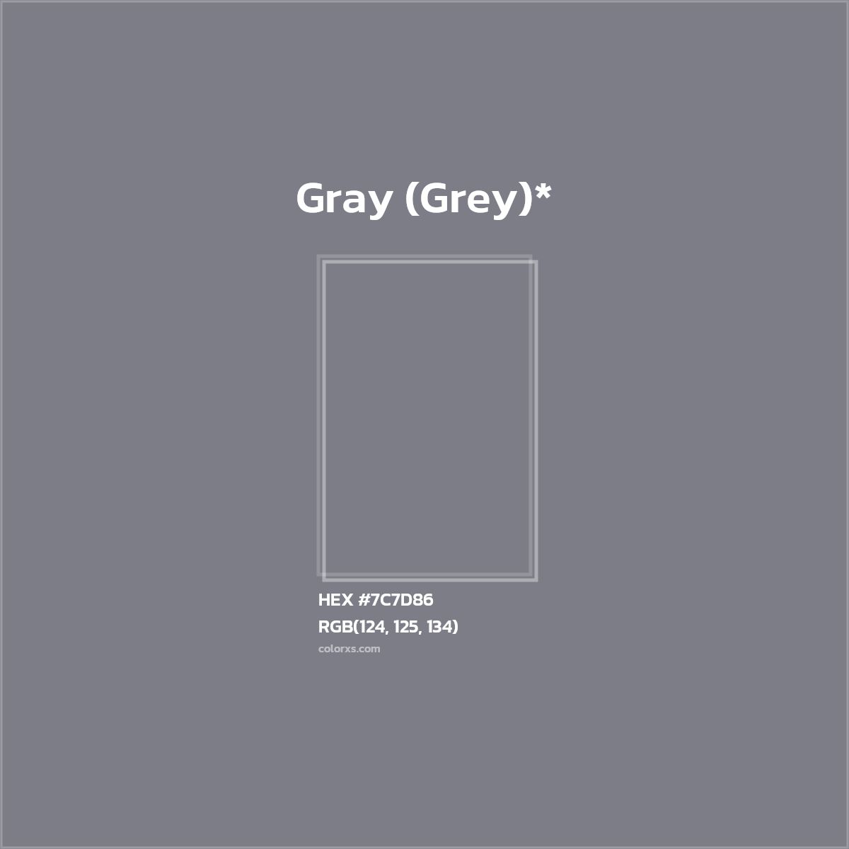#7C7D86 hex color. RGB, RYB, CMYK, HSL, HSV codes and color conversions. Matching color names, palettes, paints.