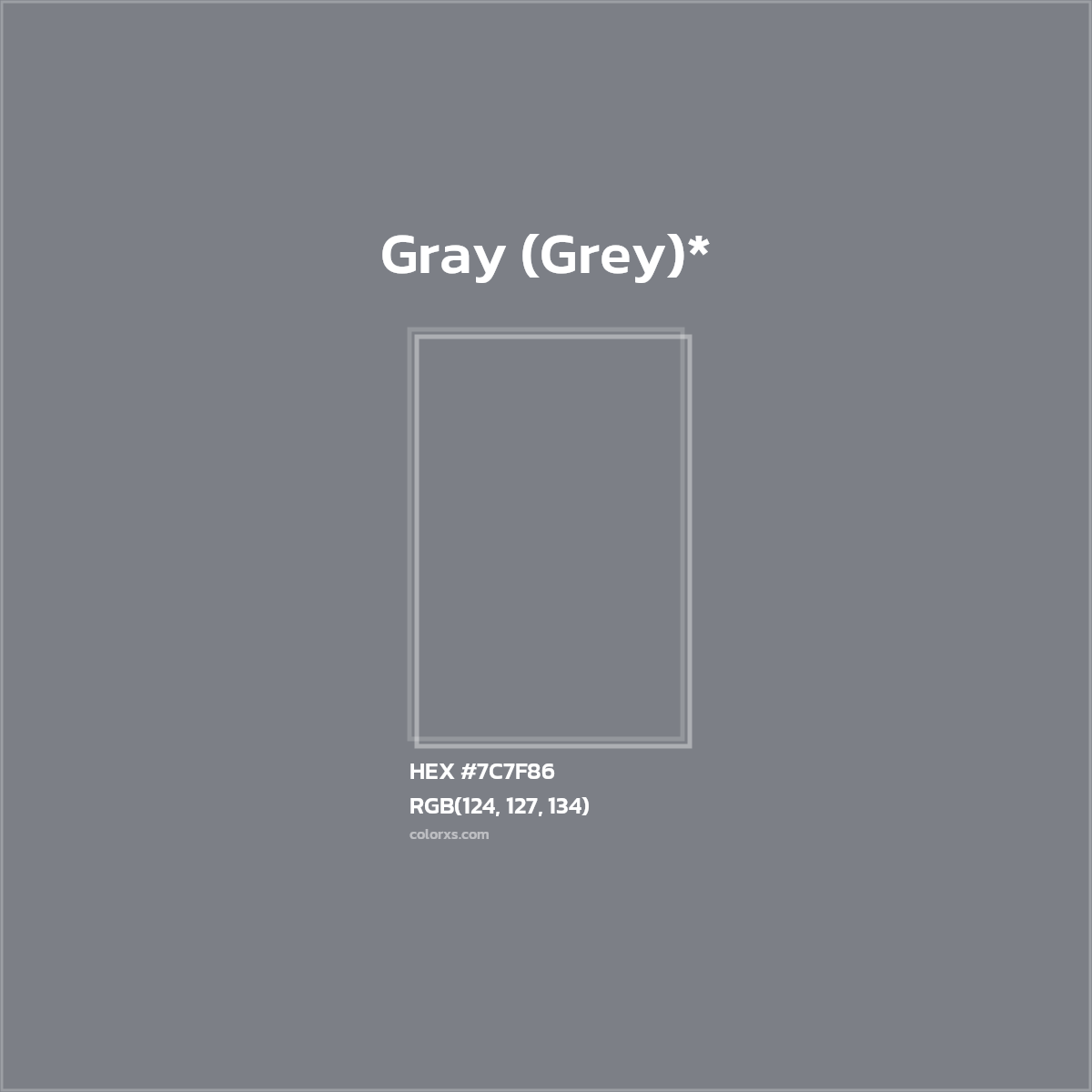 #7C7F86 hex color. RGB, RYB, CMYK, HSL, HSV codes and color conversions. Matching color names, palettes, paints.