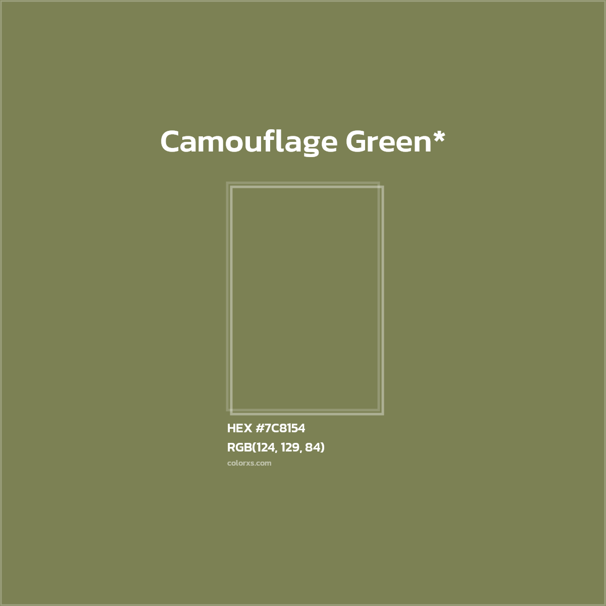 #7C8154 hex color. RGB, RYB, CMYK, HSL, HSV codes and color conversions. Matching color names, palettes, paints.