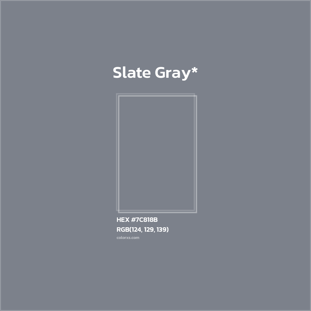 #7C818B hex color. RGB, RYB, CMYK, HSL, HSV codes and color conversions. Matching color names, palettes, paints.