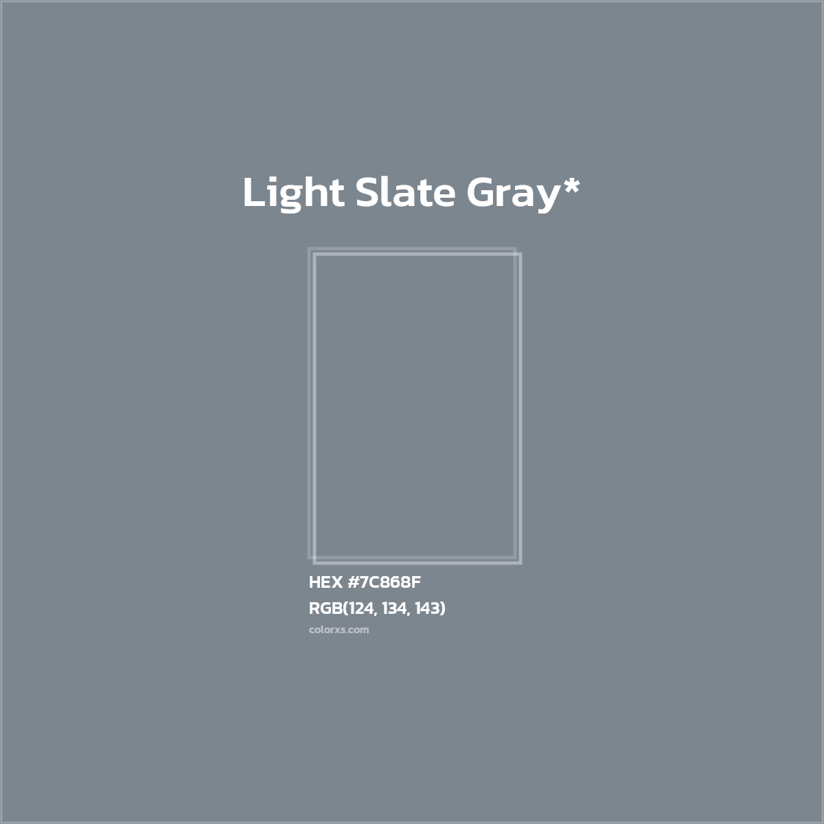 #7C868F hex color. RGB, RYB, CMYK, HSL, HSV codes and color conversions. Matching color names, palettes, paints.