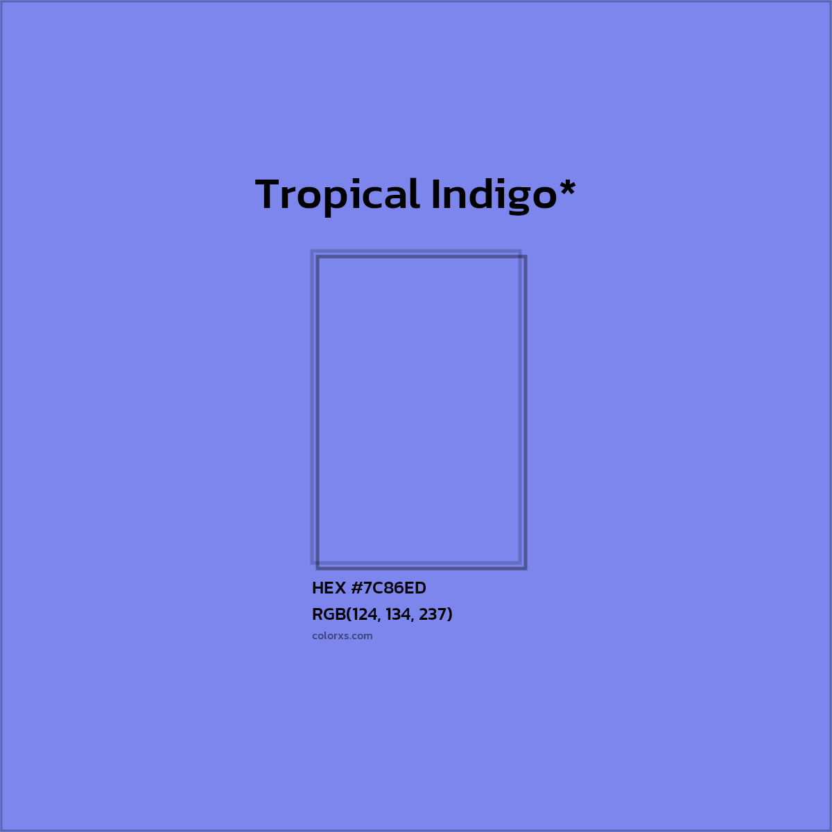 #7C86ED hex color. RGB, RYB, CMYK, HSL, HSV codes and color conversions. Matching color names, palettes, paints.