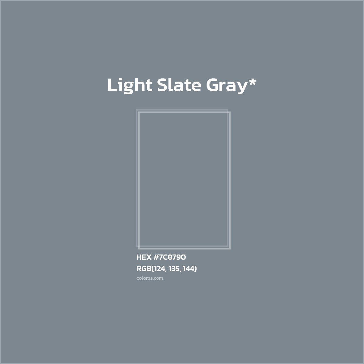 #7C8790 hex color. RGB, RYB, CMYK, HSL, HSV codes and color conversions. Matching color names, palettes, paints.