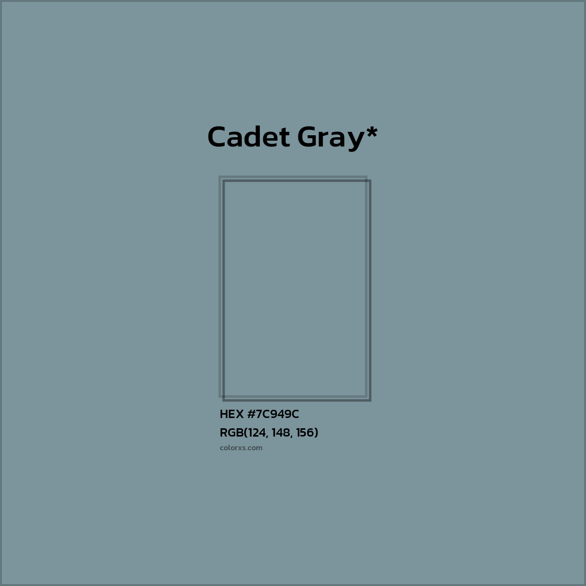 #7C949C hex color. RGB, RYB, CMYK, HSL, HSV codes and color conversions. Matching color names, palettes, paints.