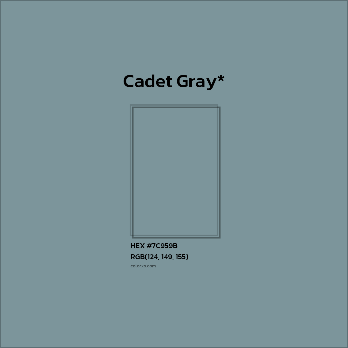 #7C959B hex color. RGB, RYB, CMYK, HSL, HSV codes and color conversions. Matching color names, palettes, paints.