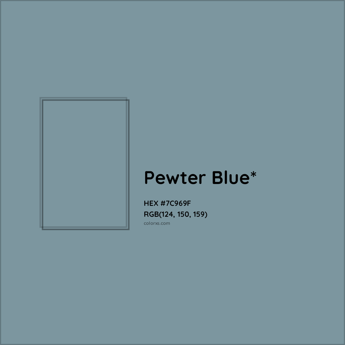 #7C969F hex color. RGB, RYB, CMYK, HSL, HSV codes and color conversions. Matching color names, palettes, paints.