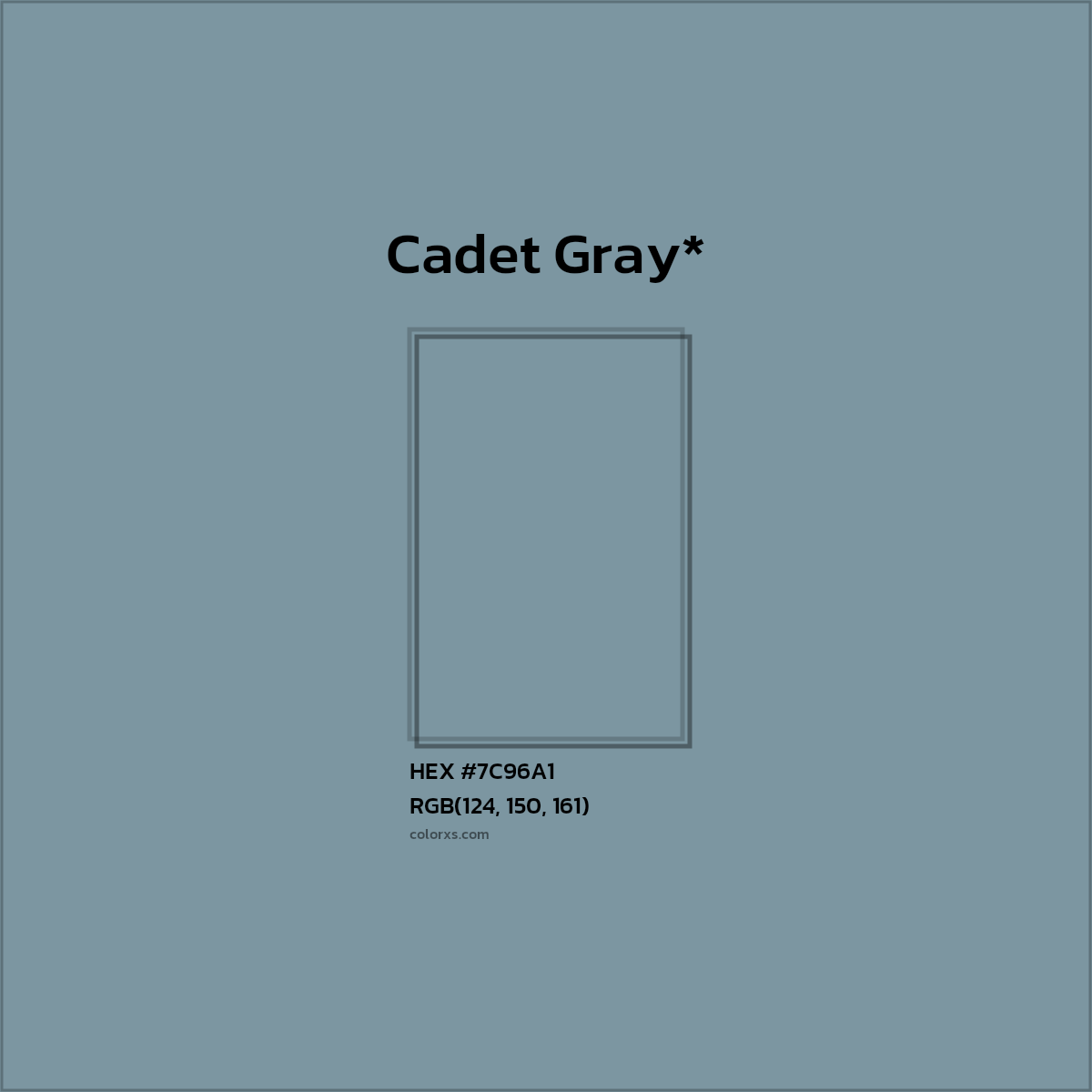 #7C96A1 hex color. RGB, RYB, CMYK, HSL, HSV codes and color conversions. Matching color names, palettes, paints.