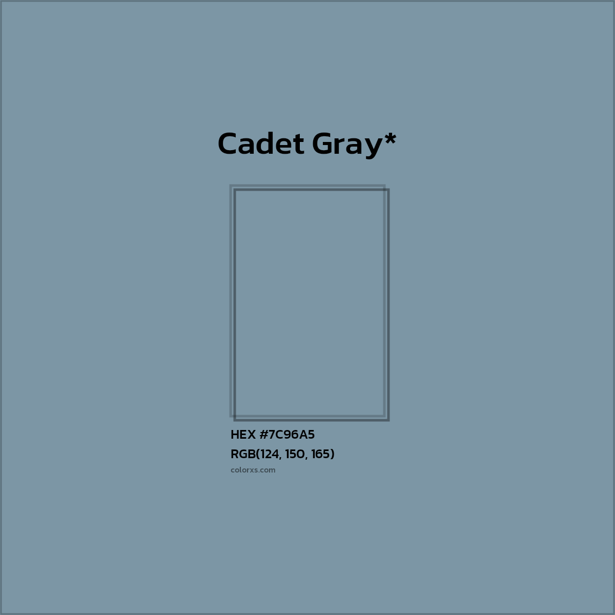 #7C96A5 hex color. RGB, RYB, CMYK, HSL, HSV codes and color conversions. Matching color names, palettes, paints.