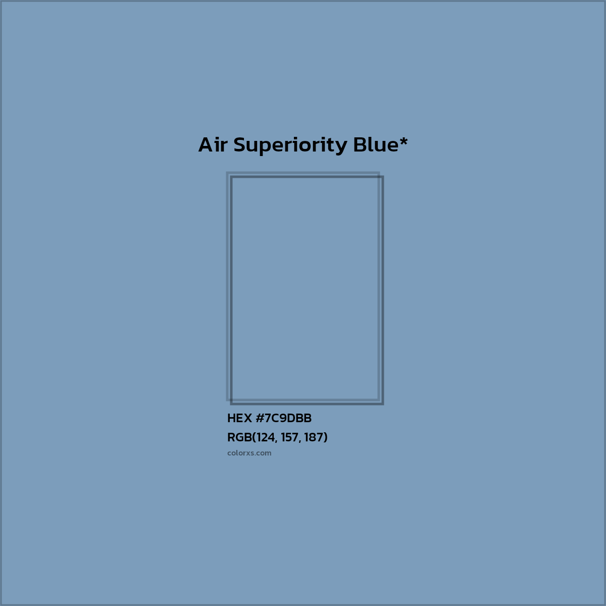 #7C9DBB hex color. RGB, RYB, CMYK, HSL, HSV codes and color conversions. Matching color names, palettes, paints.