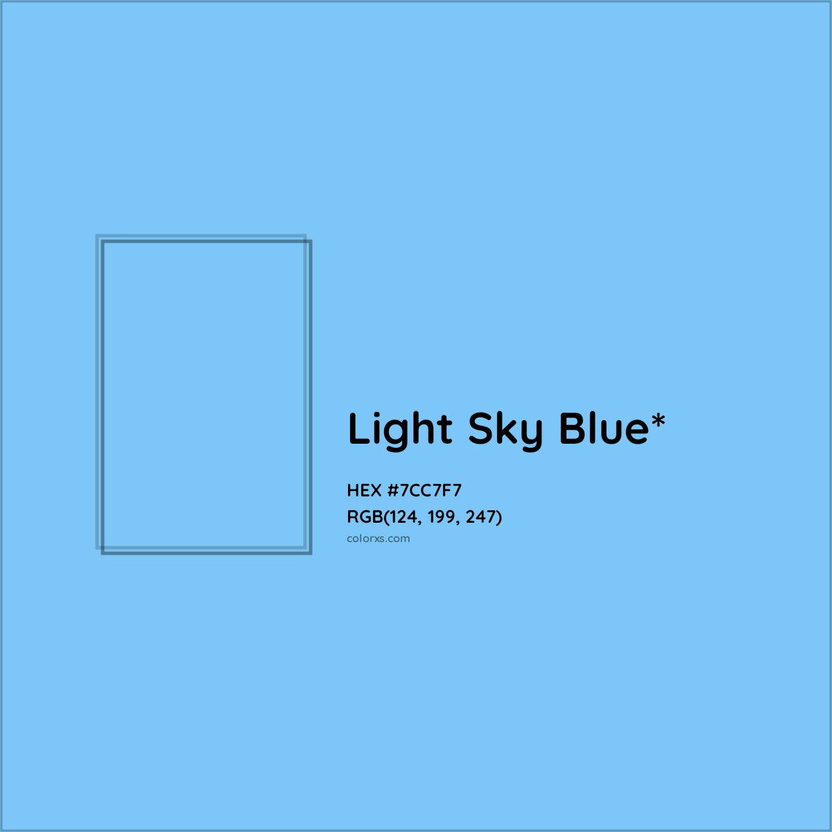 #7CC7F7 hex color. RGB, RYB, CMYK, HSL, HSV codes and color conversions. Matching color names, palettes, paints.