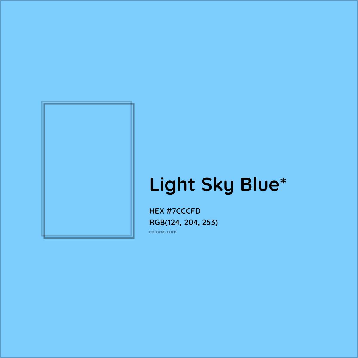 #7CCCFD hex color. RGB, RYB, CMYK, HSL, HSV codes and color conversions. Matching color names, palettes, paints.