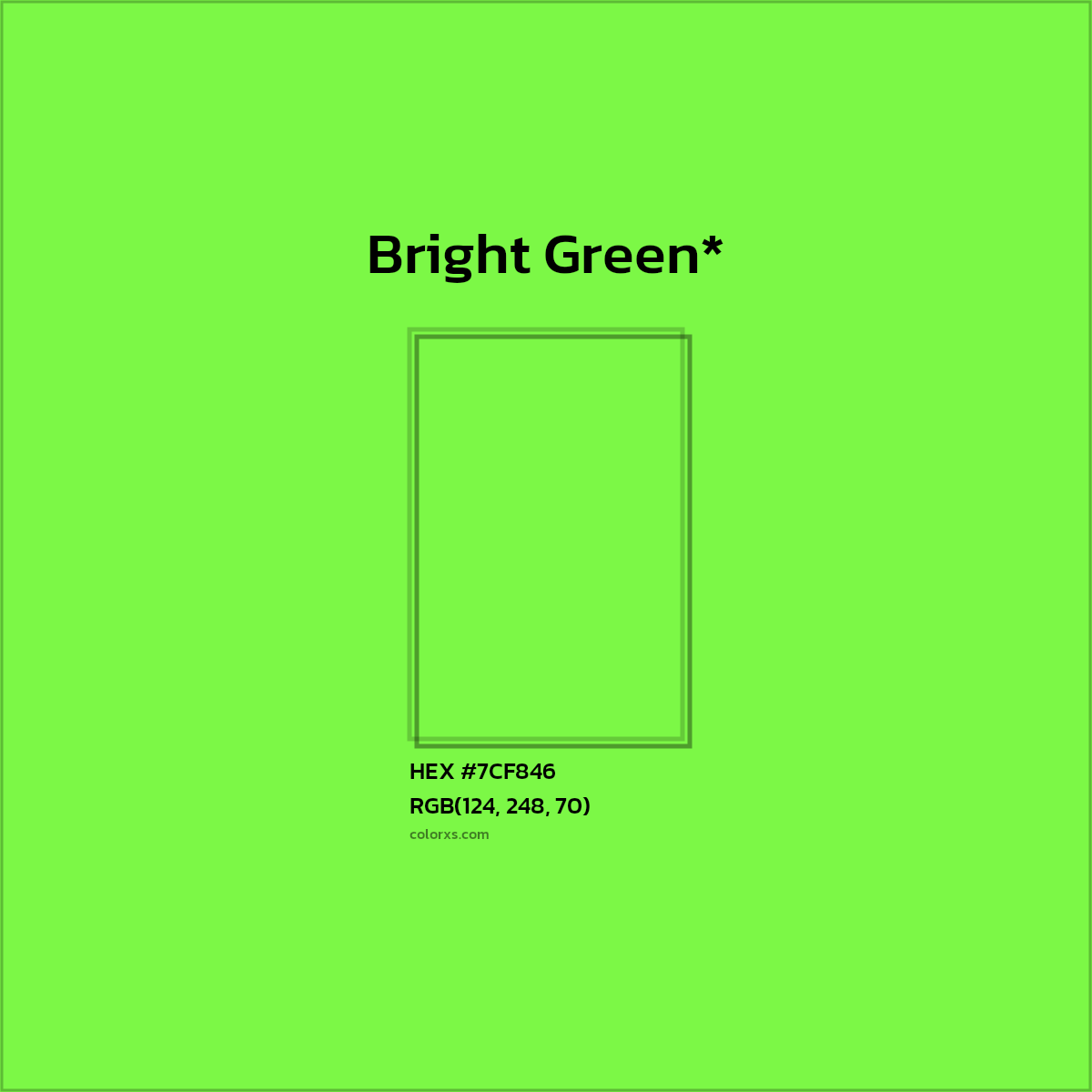 #7CF846 hex color. RGB, RYB, CMYK, HSL, HSV codes and color conversions. Matching color names, palettes, paints.