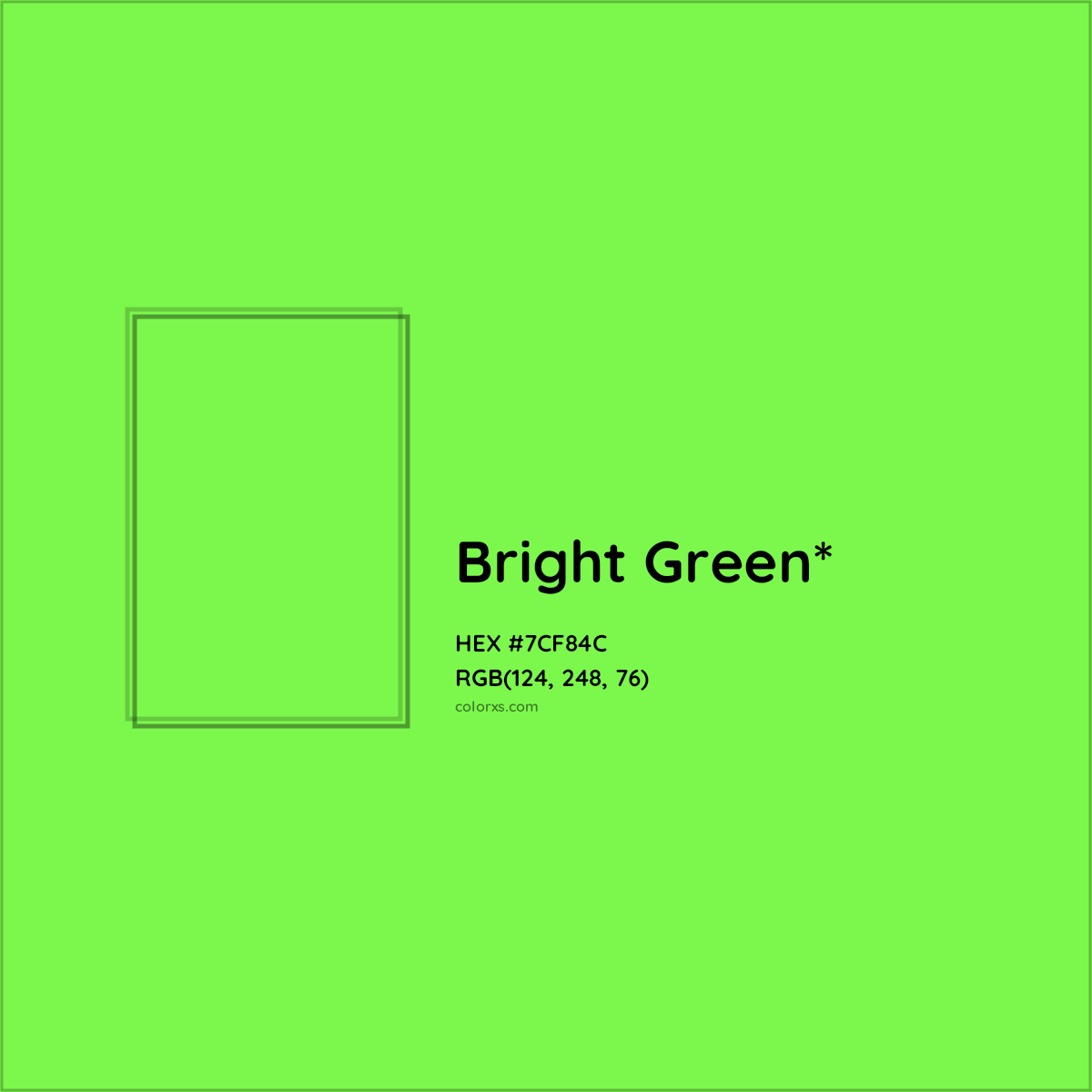 #7CF84C hex color. RGB, RYB, CMYK, HSL, HSV codes and color conversions. Matching color names, palettes, paints.