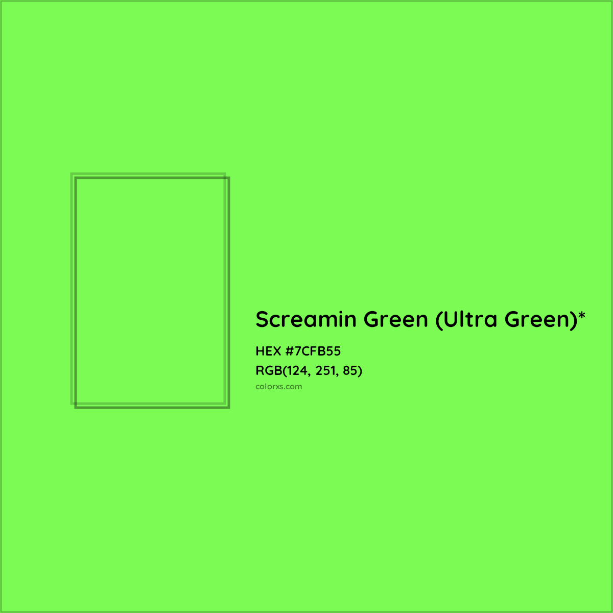 #7CFB55 hex color. RGB, RYB, CMYK, HSL, HSV codes and color conversions. Matching color names, palettes, paints.