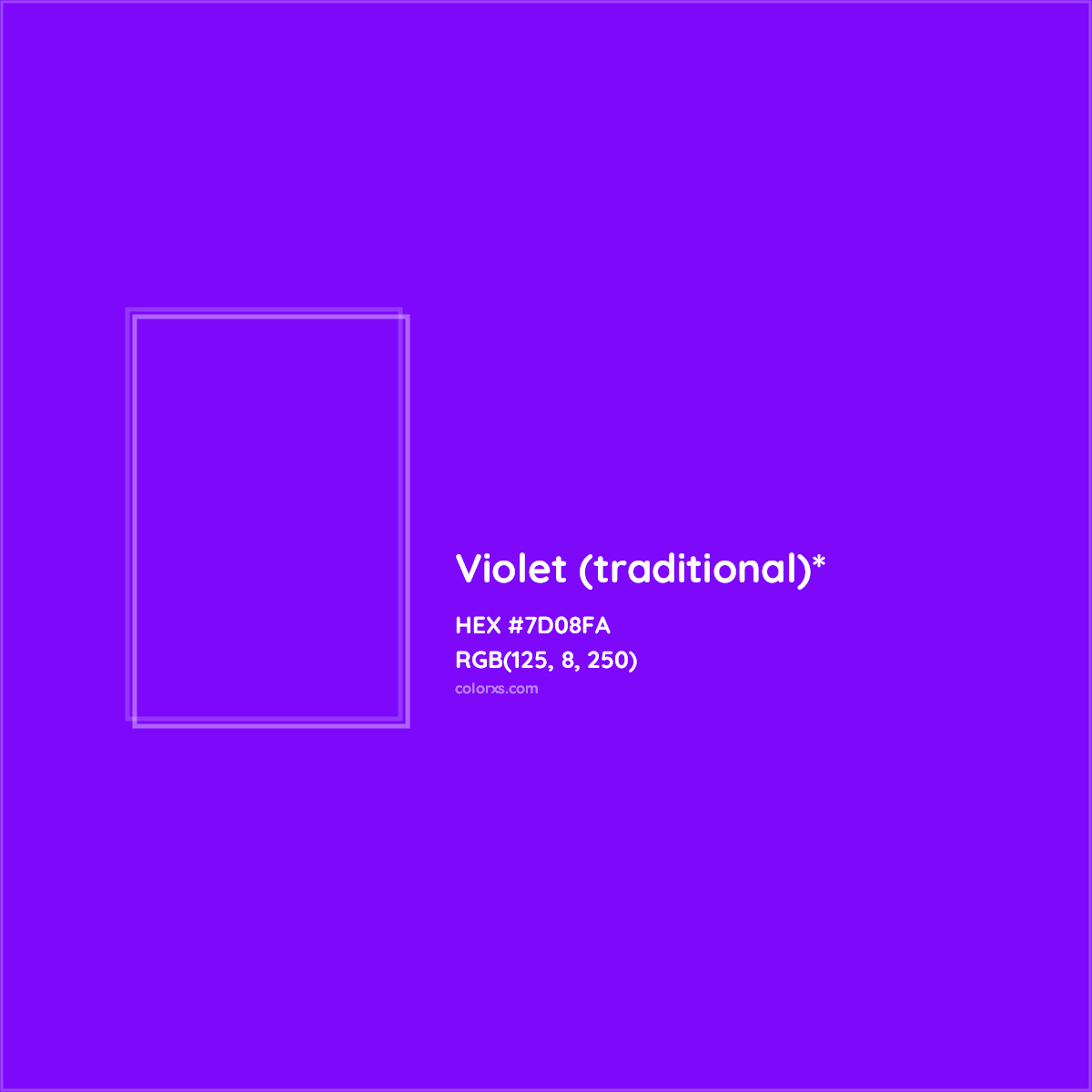 #7D08FA hex color. RGB, RYB, CMYK, HSL, HSV codes and color conversions. Matching color names, palettes, paints.