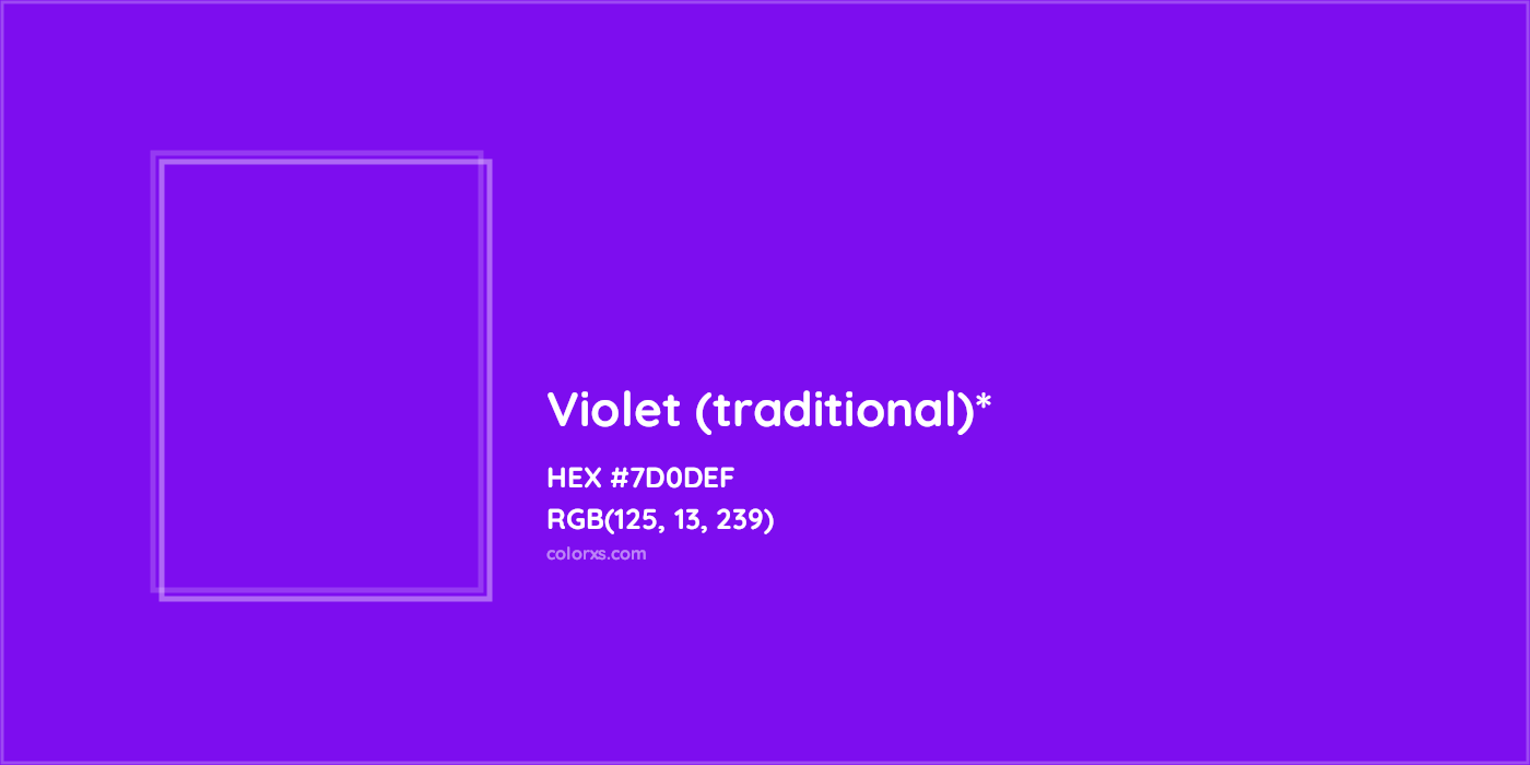 #7D0DEF hex color. RGB, RYB, CMYK, HSL, HSV codes and color conversions. Matching color names, palettes, paints.