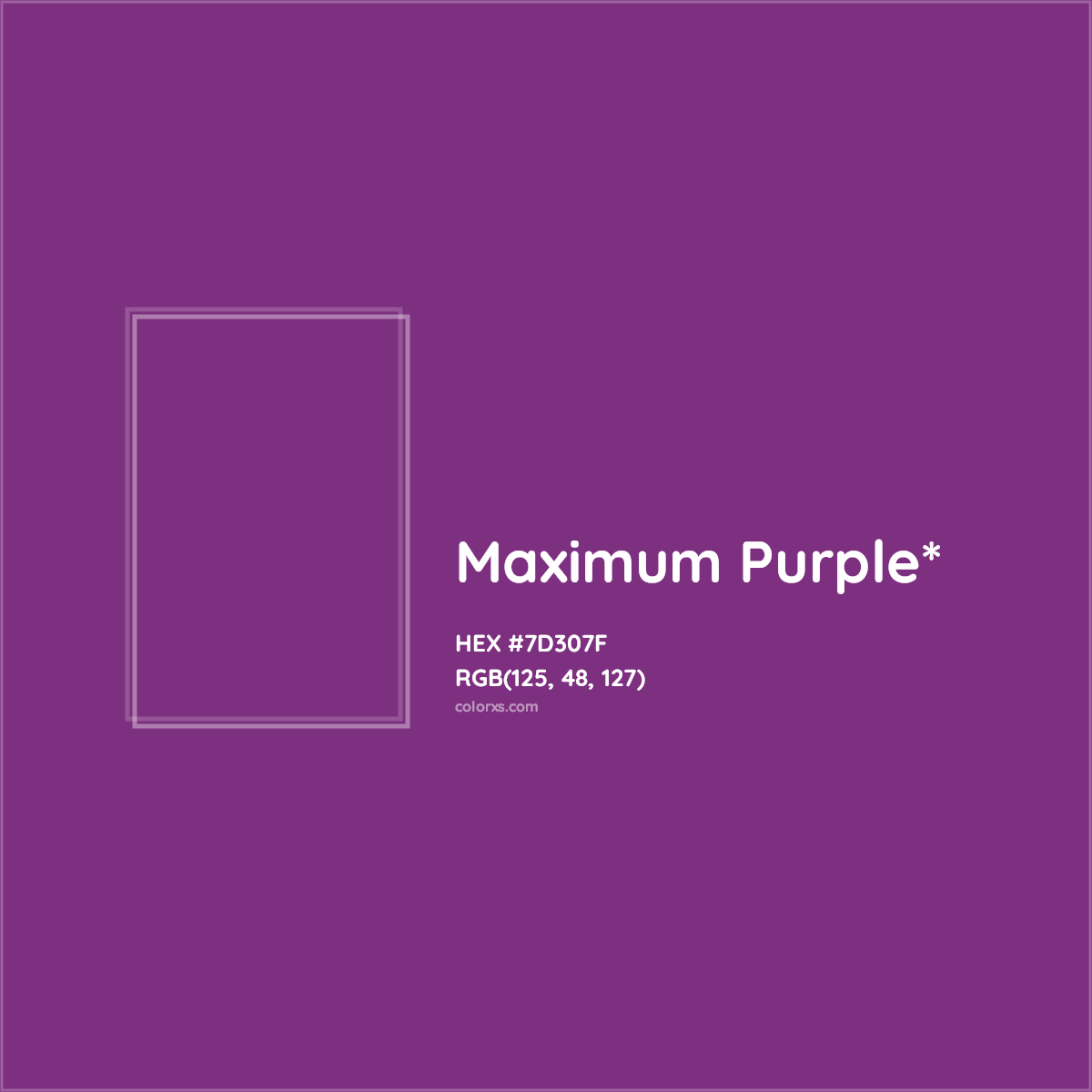 #7D307F hex color. RGB, RYB, CMYK, HSL, HSV codes and color conversions. Matching color names, palettes, paints.