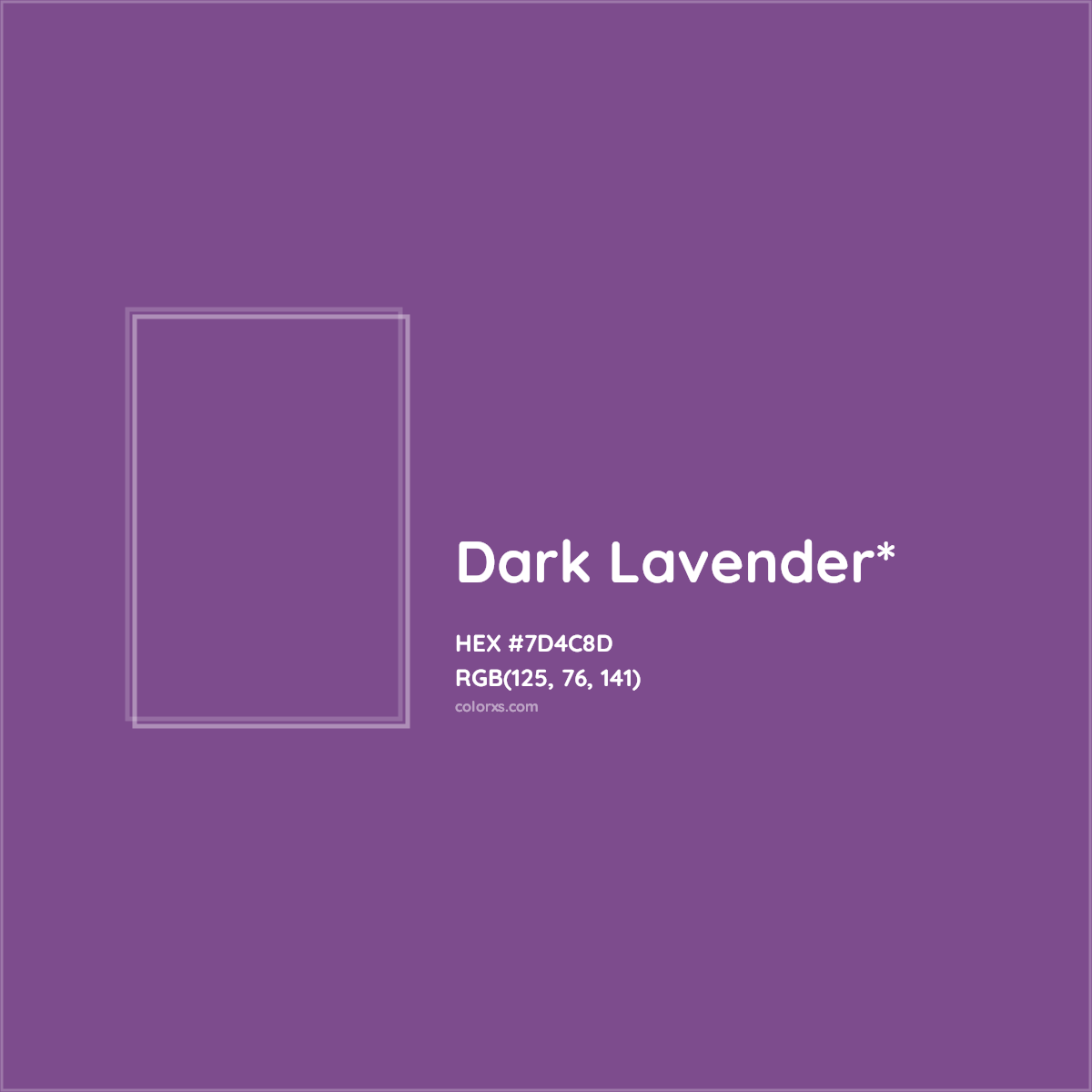 #7D4C8D hex color. RGB, RYB, CMYK, HSL, HSV codes and color conversions. Matching color names, palettes, paints.