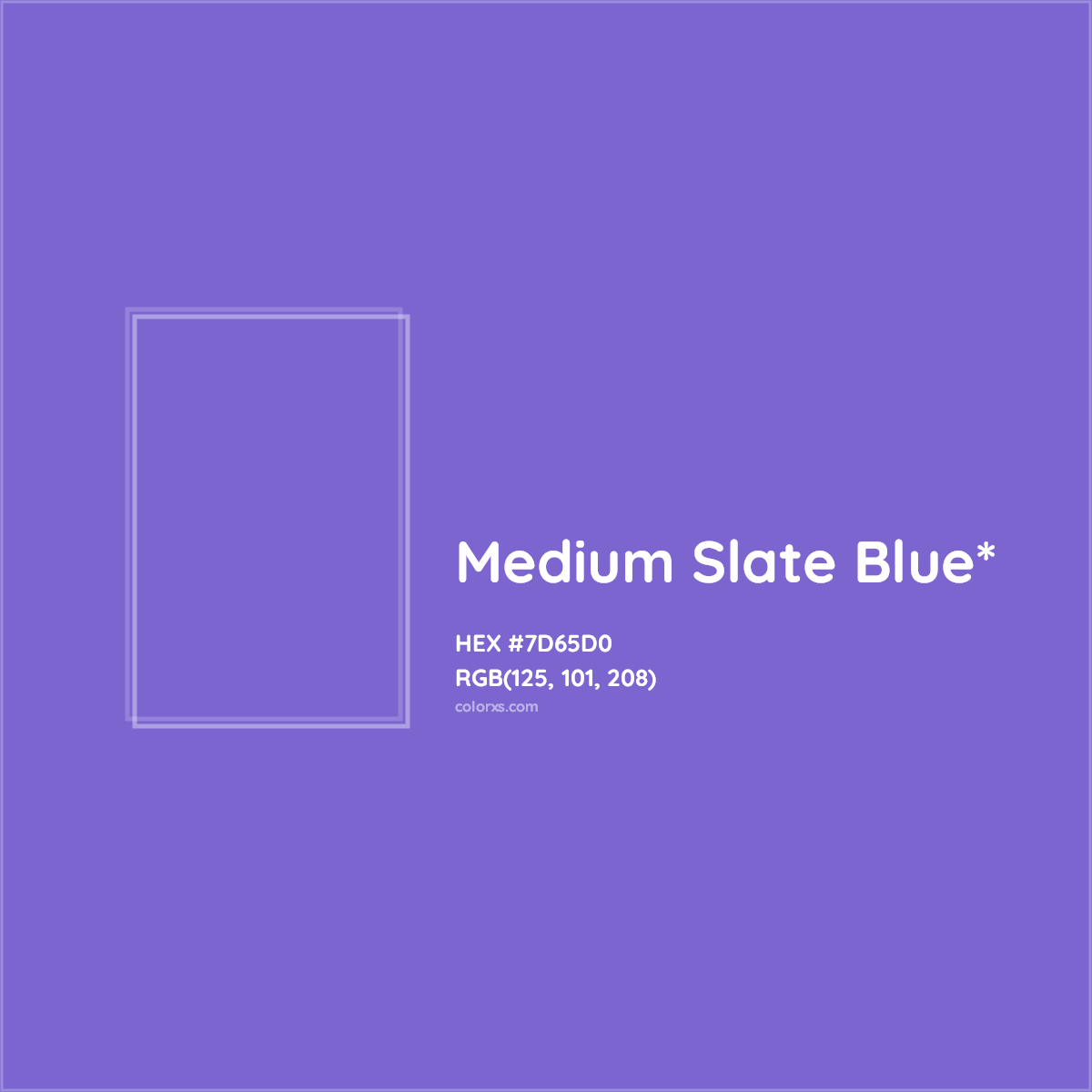 #7D65D0 hex color. RGB, RYB, CMYK, HSL, HSV codes and color conversions. Matching color names, palettes, paints.