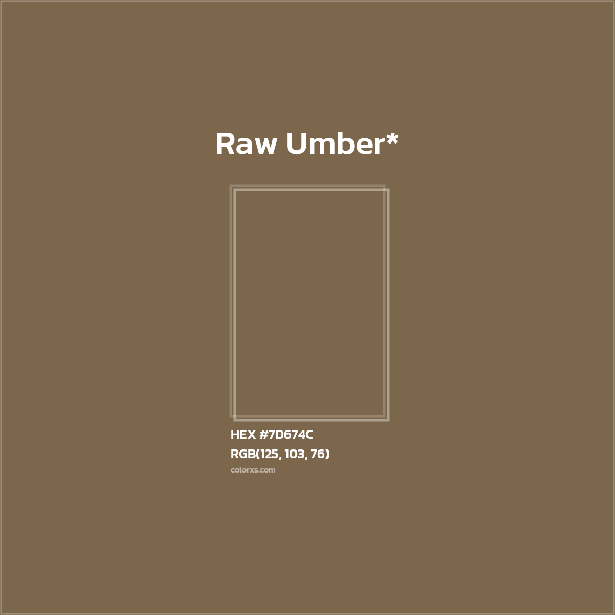 #7D674C hex color. RGB, RYB, CMYK, HSL, HSV codes and color conversions. Matching color names, palettes, paints.