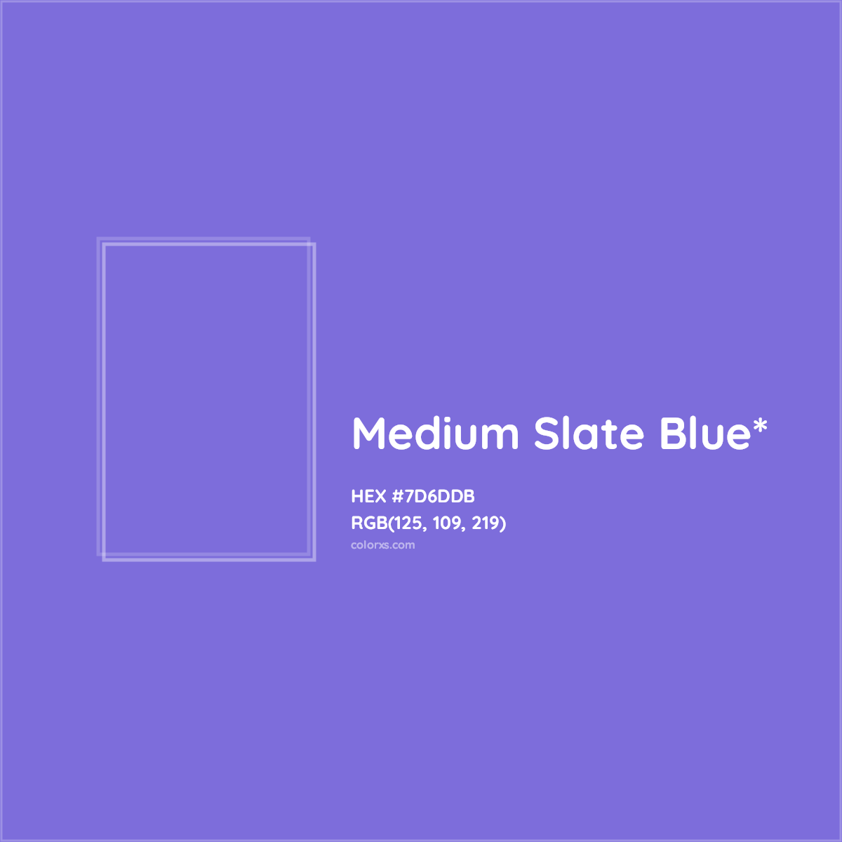 #7D6DDB hex color. RGB, RYB, CMYK, HSL, HSV codes and color conversions. Matching color names, palettes, paints.