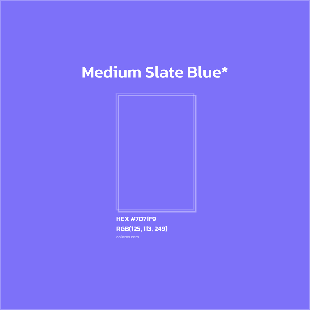 #7D71F9 hex color. RGB, RYB, CMYK, HSL, HSV codes and color conversions. Matching color names, palettes, paints.