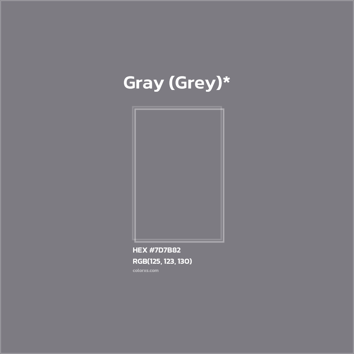 #7D7B82 hex color. RGB, RYB, CMYK, HSL, HSV codes and color conversions. Matching color names, palettes, paints.